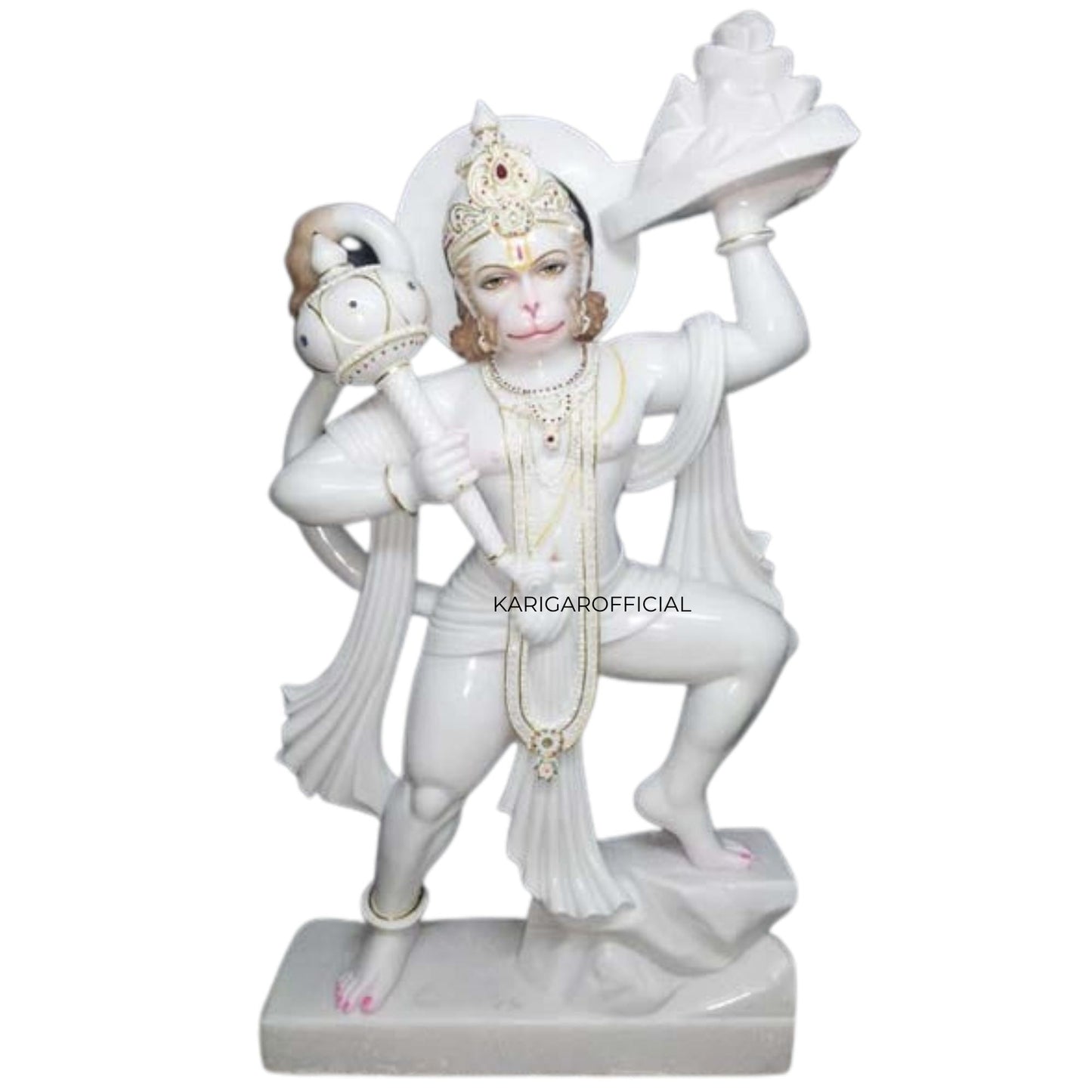 Hand carved White Marble Veer Hanuman Statue with Sanjeevani Mountain and Gada 48"