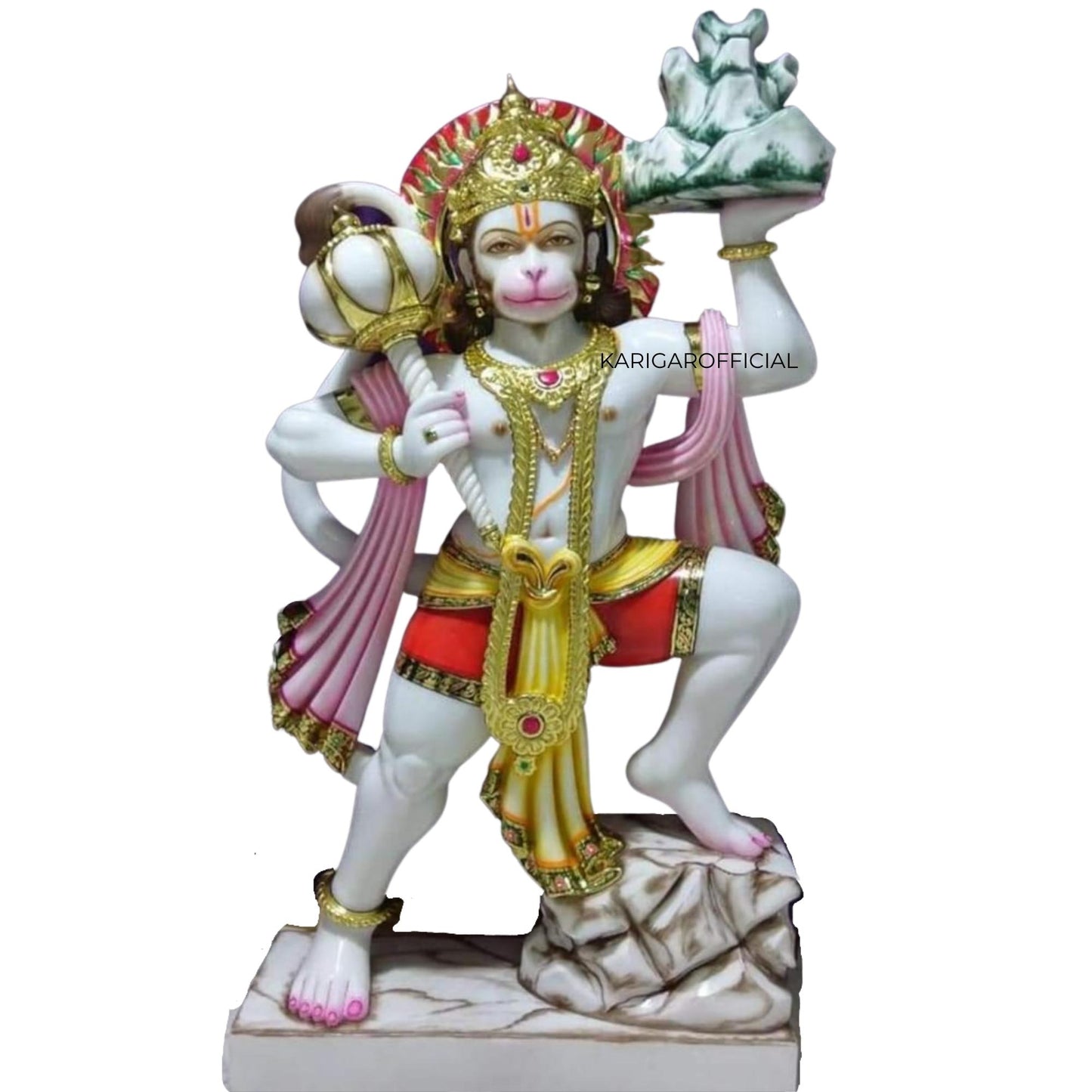 Multicolor Hanuman Marble Statue with Sanjeevani Mountain and Gada Large 42"