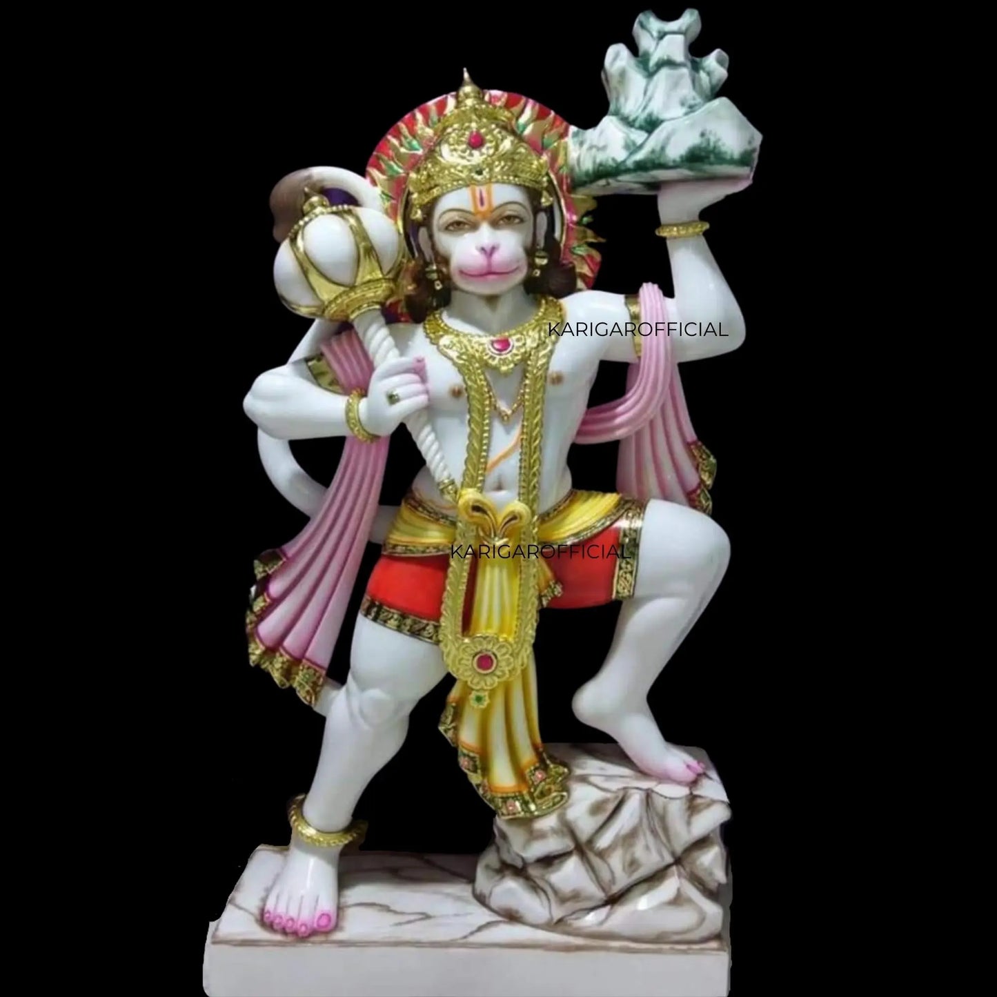 Multicolor Hanuman Marble Statue with Sanjeevani Mountain and Gada Large 42" KARIGAROFFICIAL