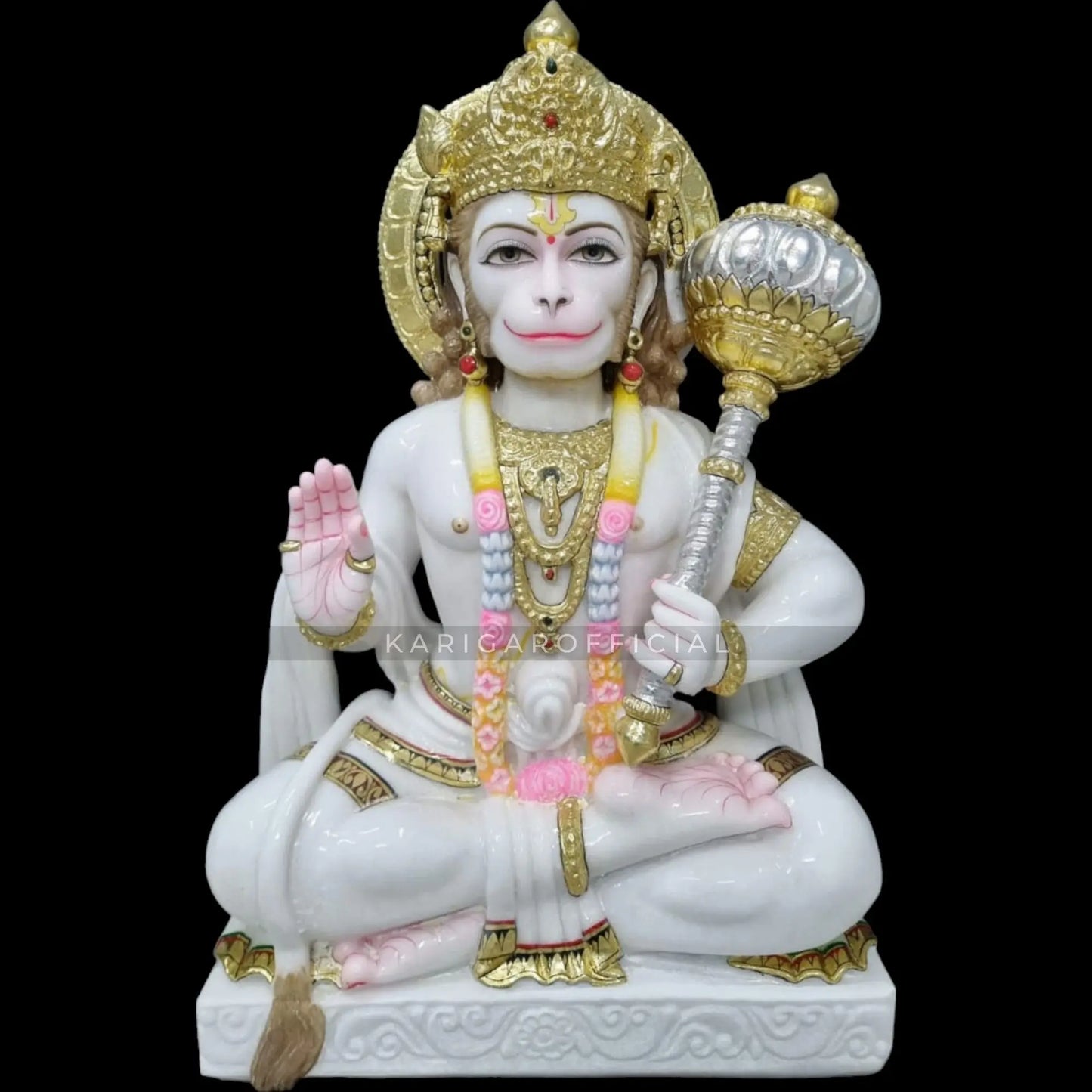 24"Ashirwad Position Hanuman With Gada | White Makrana Marble Statue