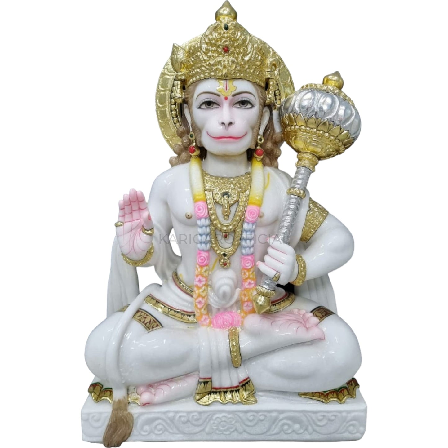 Handcrafted White Marble Seated Hanuman Statue Blessing Pose with Gada 24"