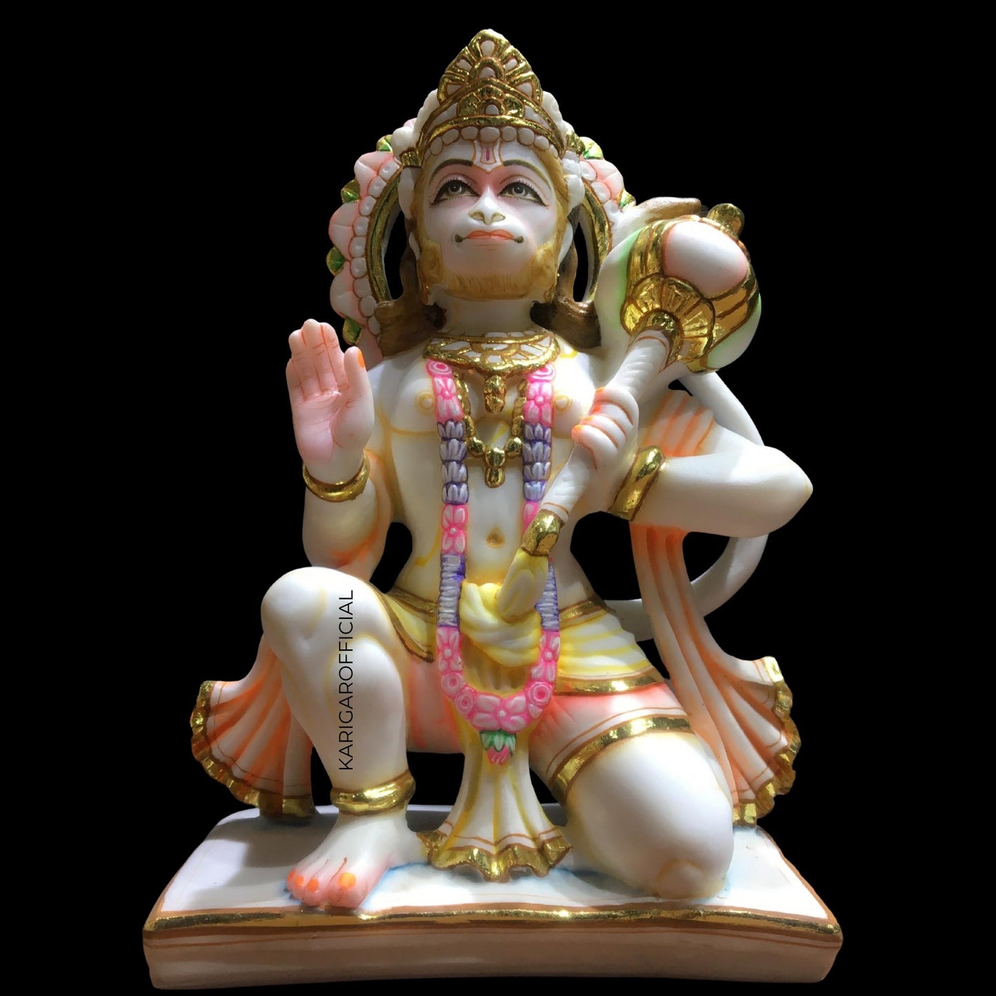 Hanuman Statue, Gold leaf work Large 12 inches Marble Bajrang Bali Murti, Hindu Monkey god Handpainted Multicolor Figurine, Perfect for Small Home Temple Decoration, Housewarming Gifts Sculpture