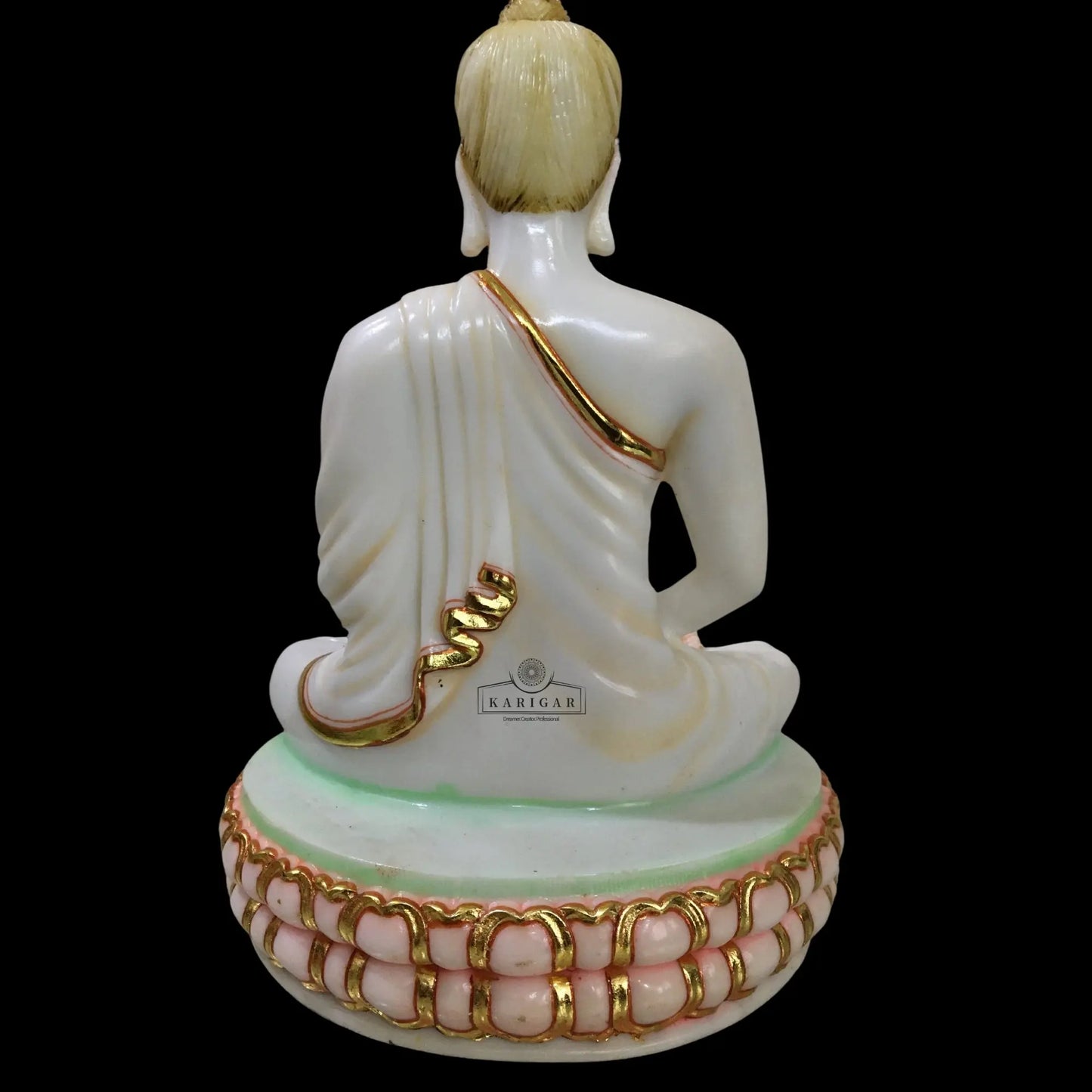 White Gold Marble Buddha Statue Meditating on Round Lotus Flower 12'' KARIGAROFFICIAL