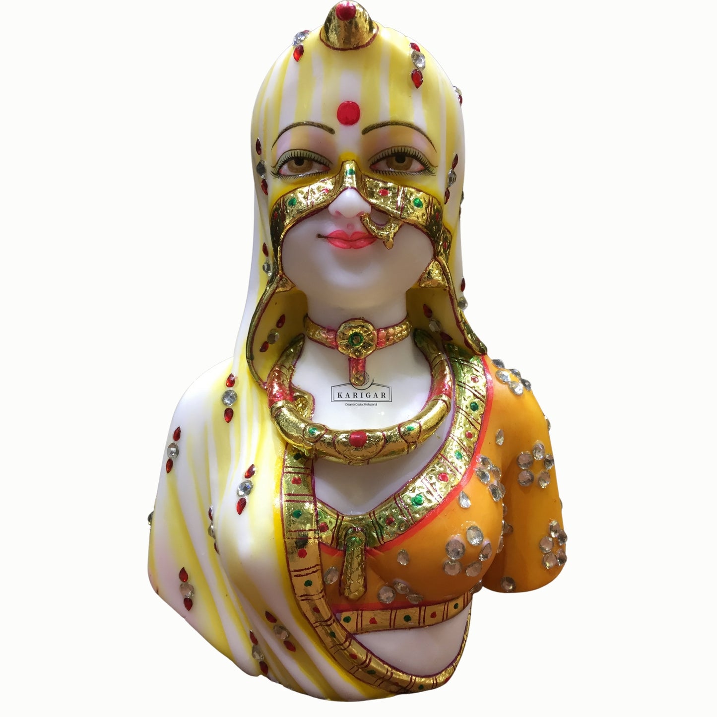 Estatua de busto de Bani Thani, Murti grande de 9.0 in, escultura de mármol del busto indio de Mona Lisa, busto tradicional de mujer india, figura de ropa de joyería multicolor, regalos para decoración del hogar y la oficina (naranja)