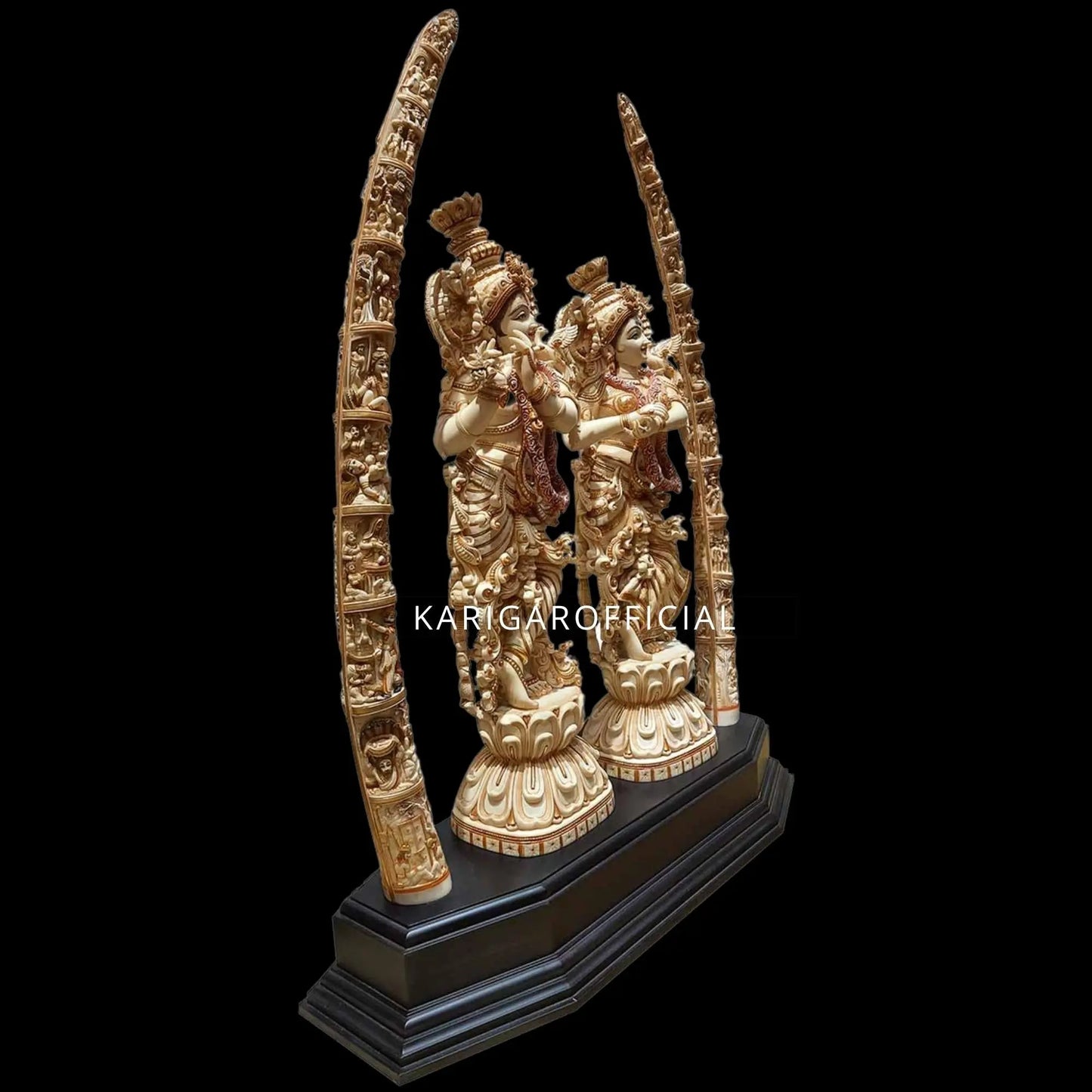 Radha Krishna statue With Tusk Large 30 inches Marble Radha Krishna idol With 39 inch Antique Finish Tusk Divine Couple Radha Krishna figurine Handpainted Special Wedding Housewarming Anniversary Gift KARIGAROFFICIAL