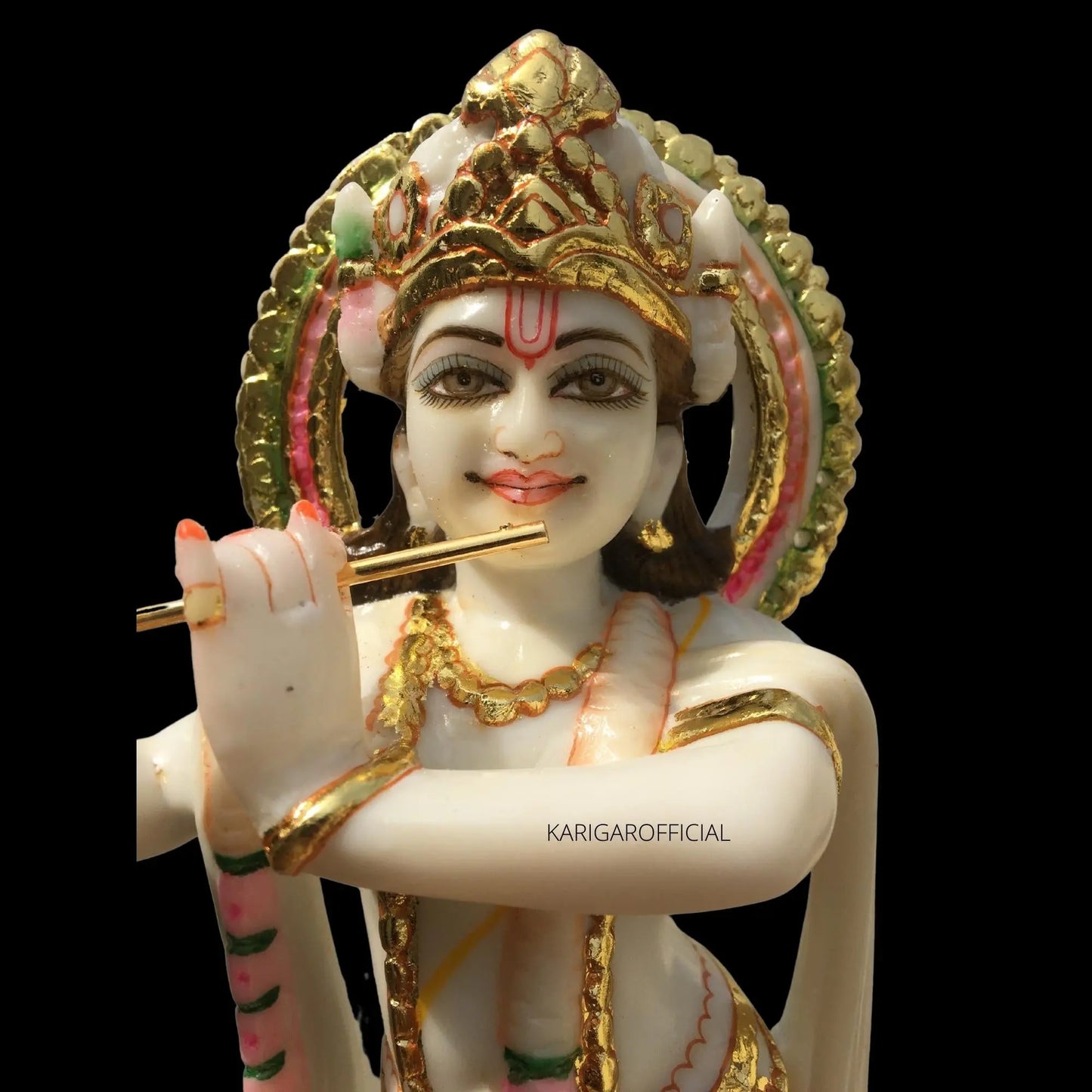 Radha Krishna Statue, Hindu Divine Couple Handpainted Murti, Large 12 inches White Marble Gold Leaf Work Religious idol, Home Temple Decoration Wedding Housewarming Anniversary Gifts Sculpture KARIGAROFFICIAL