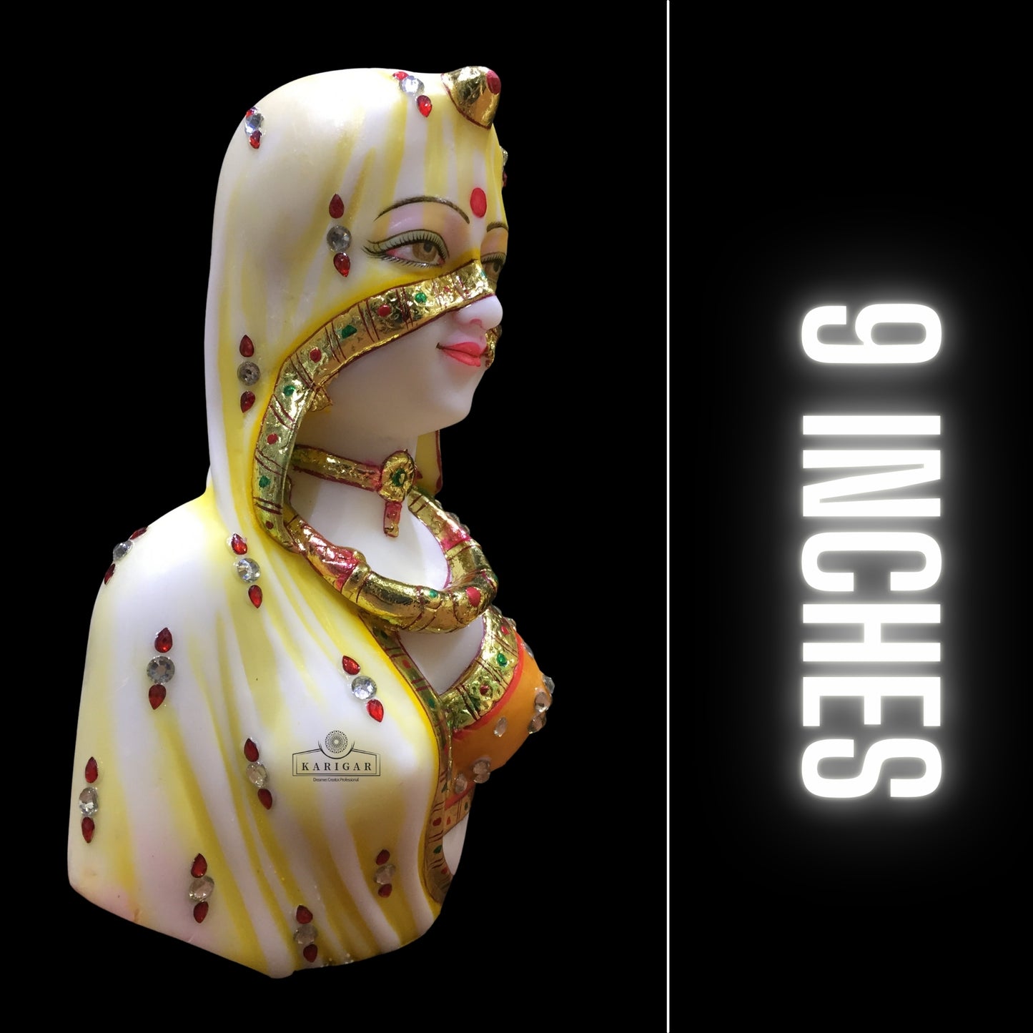 Estatua de busto de Bani Thani, Murti grande de 9.0 in, escultura de mármol del busto indio de Mona Lisa, busto tradicional de mujer india, figura de ropa de joyería multicolor, regalos para decoración del hogar y la oficina (naranja)