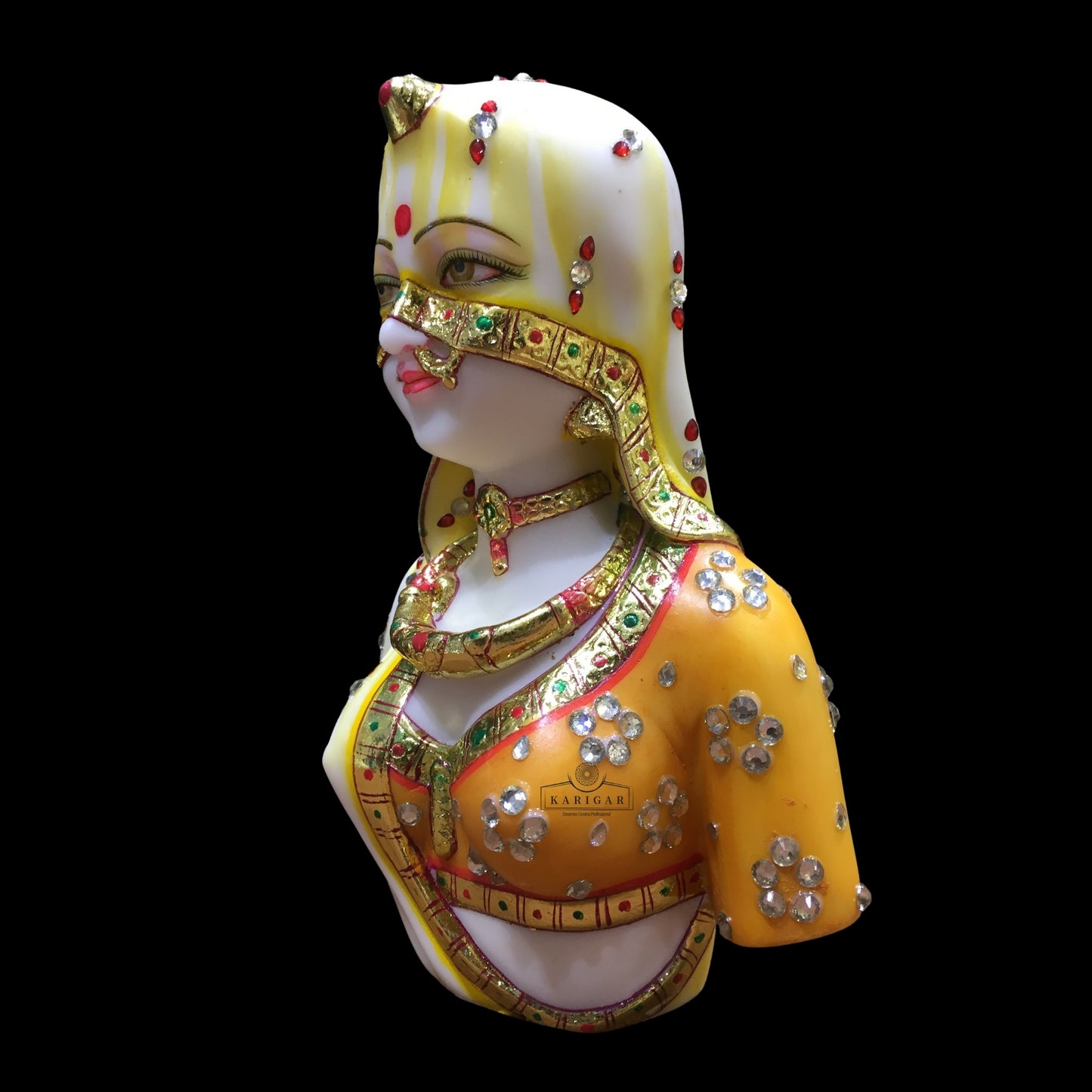 Estatua de busto de Bani Thani, Murti grande de 9.0 in, escultura de mármol del busto indio de Mona Lisa, busto tradicional de mujer india, figura de ropa de joyería multicolor, regalos para decoración del hogar y la oficina (naranja)