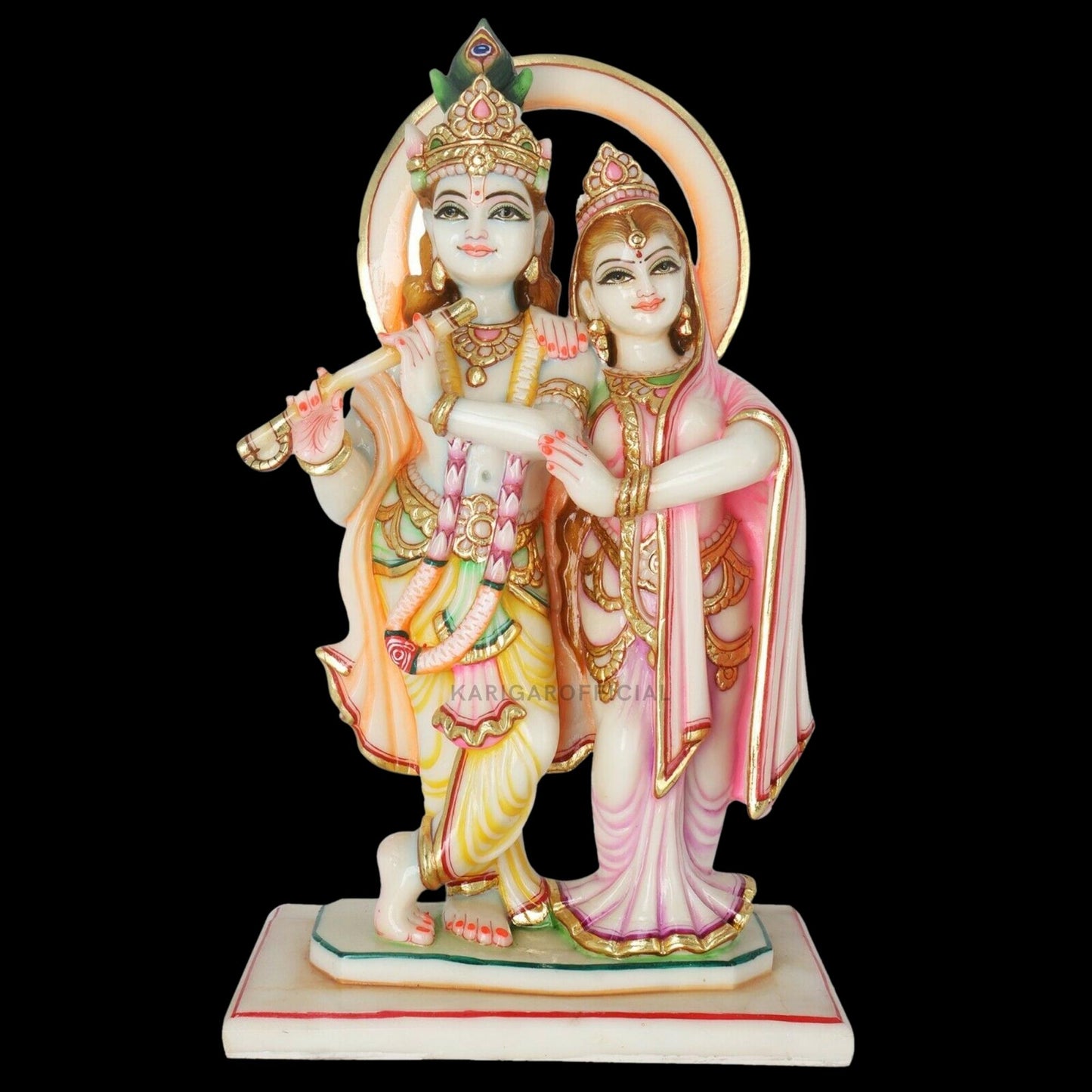 Radha Krishna Statue, Gold Leaf Work Figurine, Large 18 inches Marble Radha Krishna idol, Hindu Divine Couple Handpainted Murti, Home Temple Pooja Decoration, Wedding Housewarming Gifts Sculpture