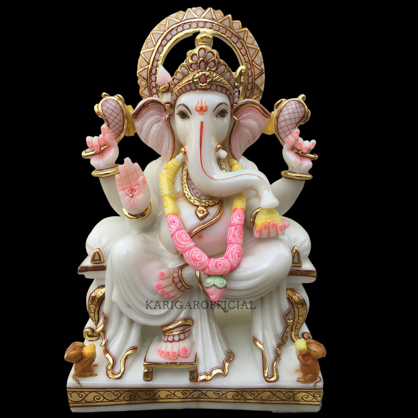 Blanco Rosa Guirnalda Ganesha Estatua Grande 18'' Mármol Hindú Elefante Dios