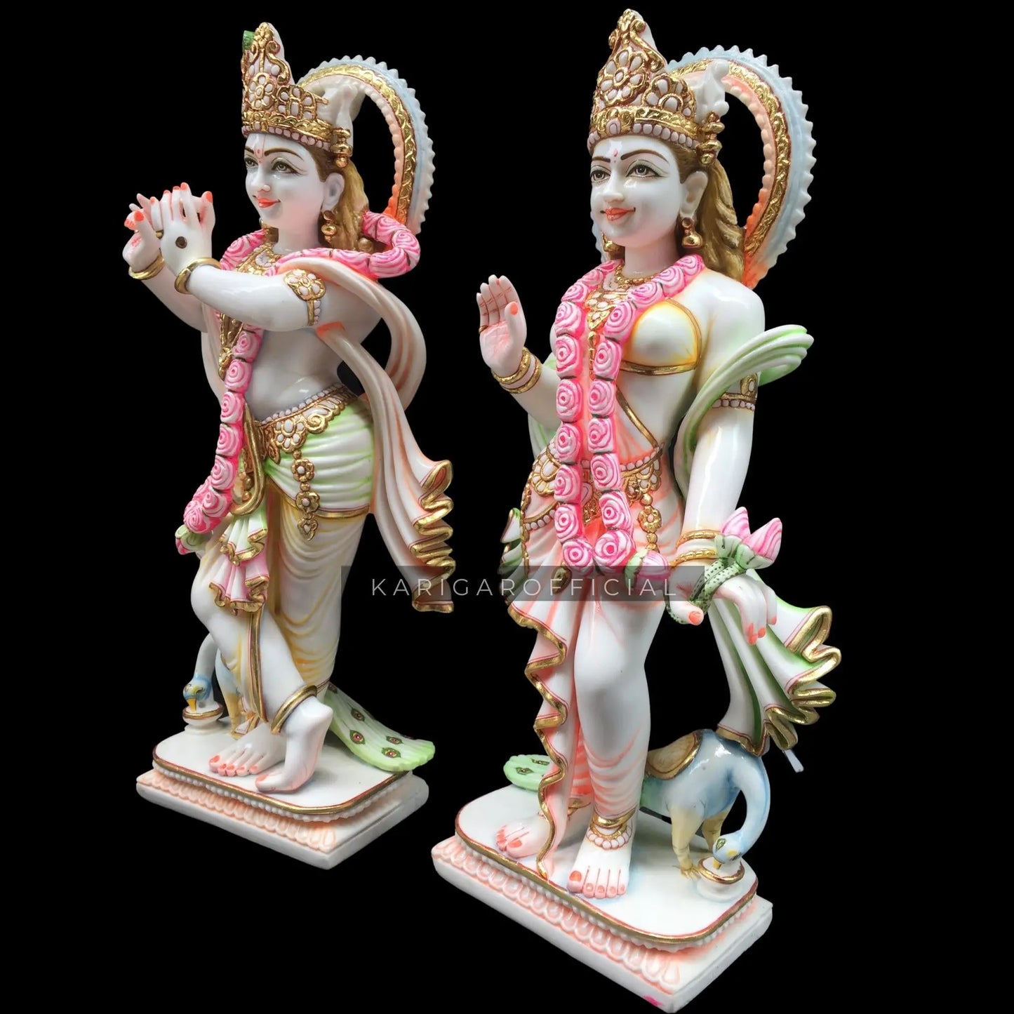 Radha Krishna Statue Murti Large 24 inches Murti in Royal Gold Leaf Work White Golden Pink Green Accents Marble RadhaKrishna idol Hindu Divine Love Couple Perfect Home Temple Wedding Housewarming Gift KARIGAROFFICIAL