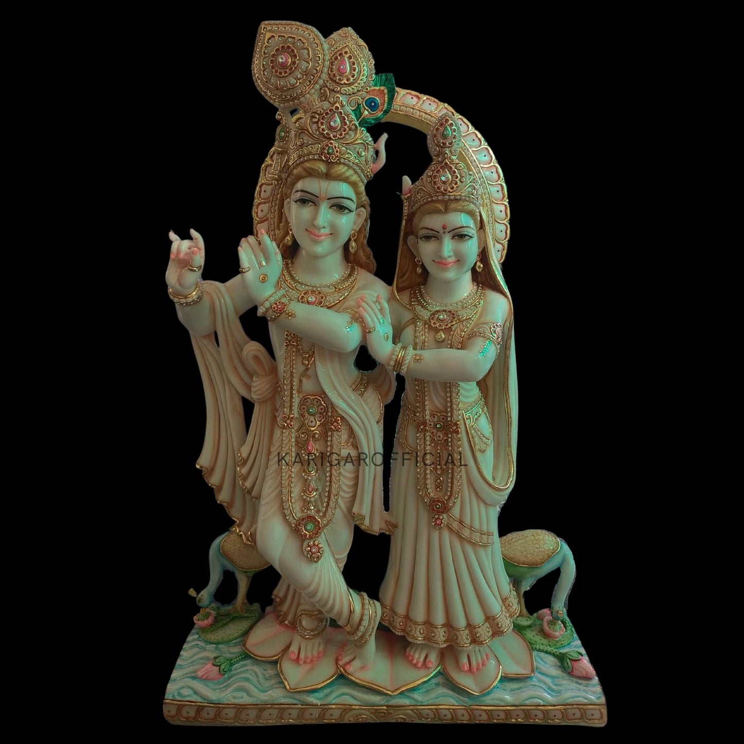Estatua de Radha Krishna, grande 60 pulgadas especial hoja de oro trabajo Radha Krishna mármol Murti, divina pareja hindú pintada a mano Radha Krishna Idol, hogar templo Pooja inauguración de la casa regalos de aniversario escultura