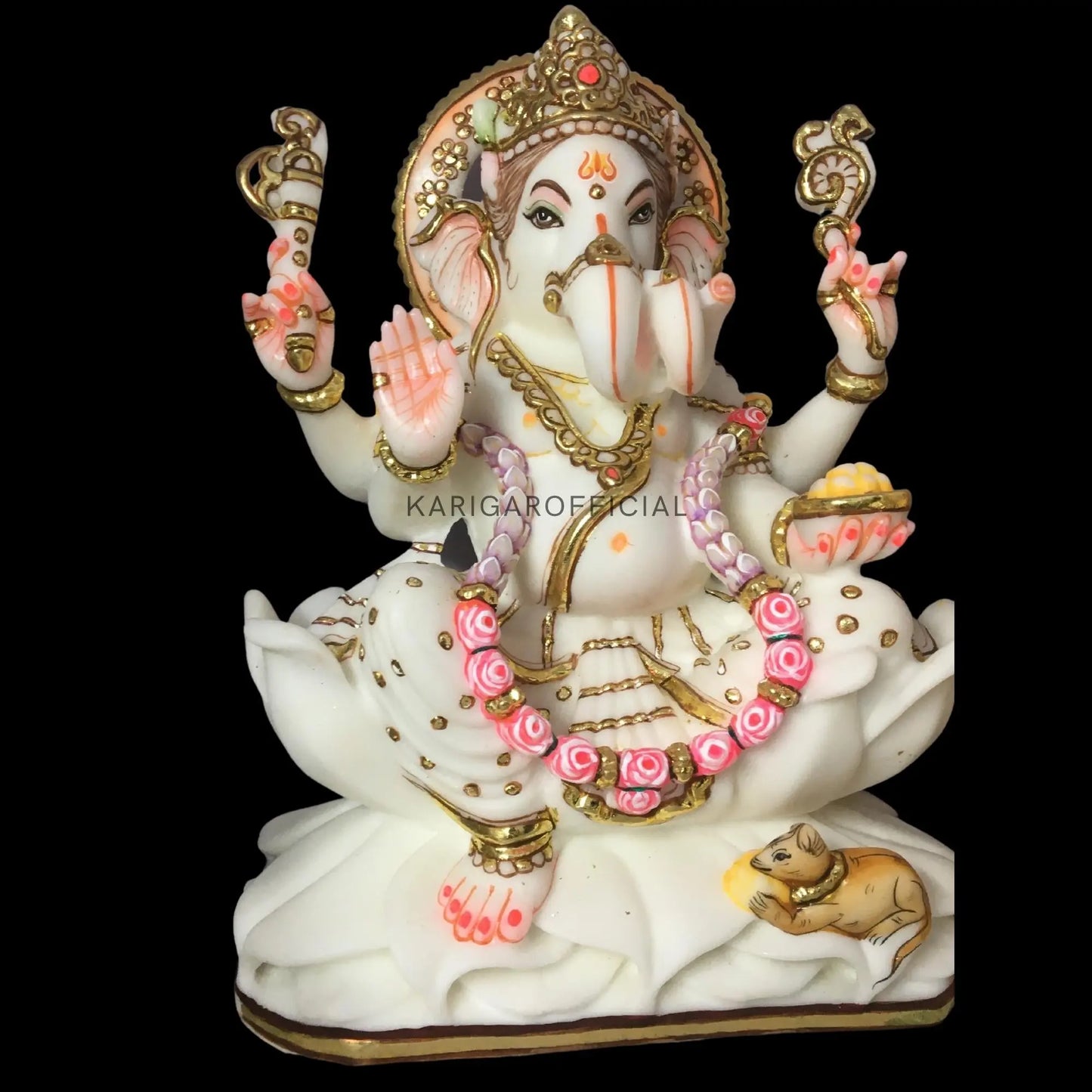 Ganesha Murti Statue, Large 12 inches White Marble Ganpati Figurine, Gold leaf Work Vinayak Deity Ganesha Statue Marble, Big White Elephant Head God Idol Home Decor Gift Sculpture Home First Ganesha KARIGAROFFICIAL