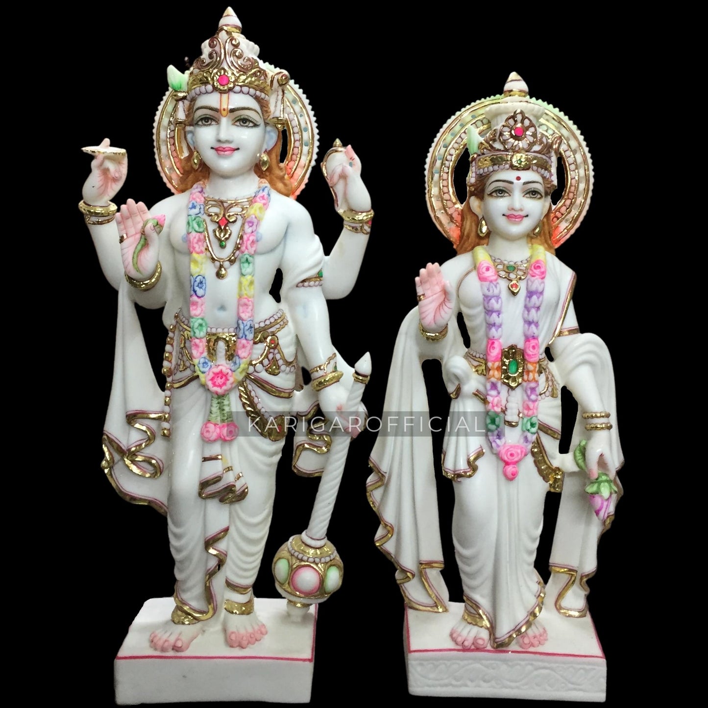 KARIGAROFFICIAL Vishnu Laxmi Estatua Mármol Murti Hoja de Oro Blanco Vishnu Deidad Figura Grande 24 pulgadas Vishnu Laksmi Ídolo de Mármol, Pareja Divina Hindú Hogar Templo Boda Aniversario Regalos de Inauguración de la Casa