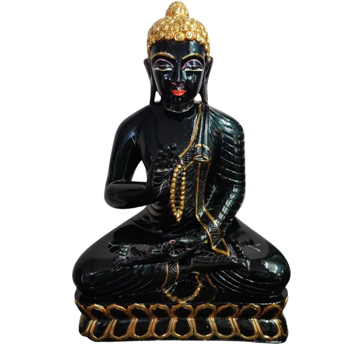 Black Gold Buddha Marble Statue Teaching Meditating on Lotus Base 18'' KARIGAROFFICIAL