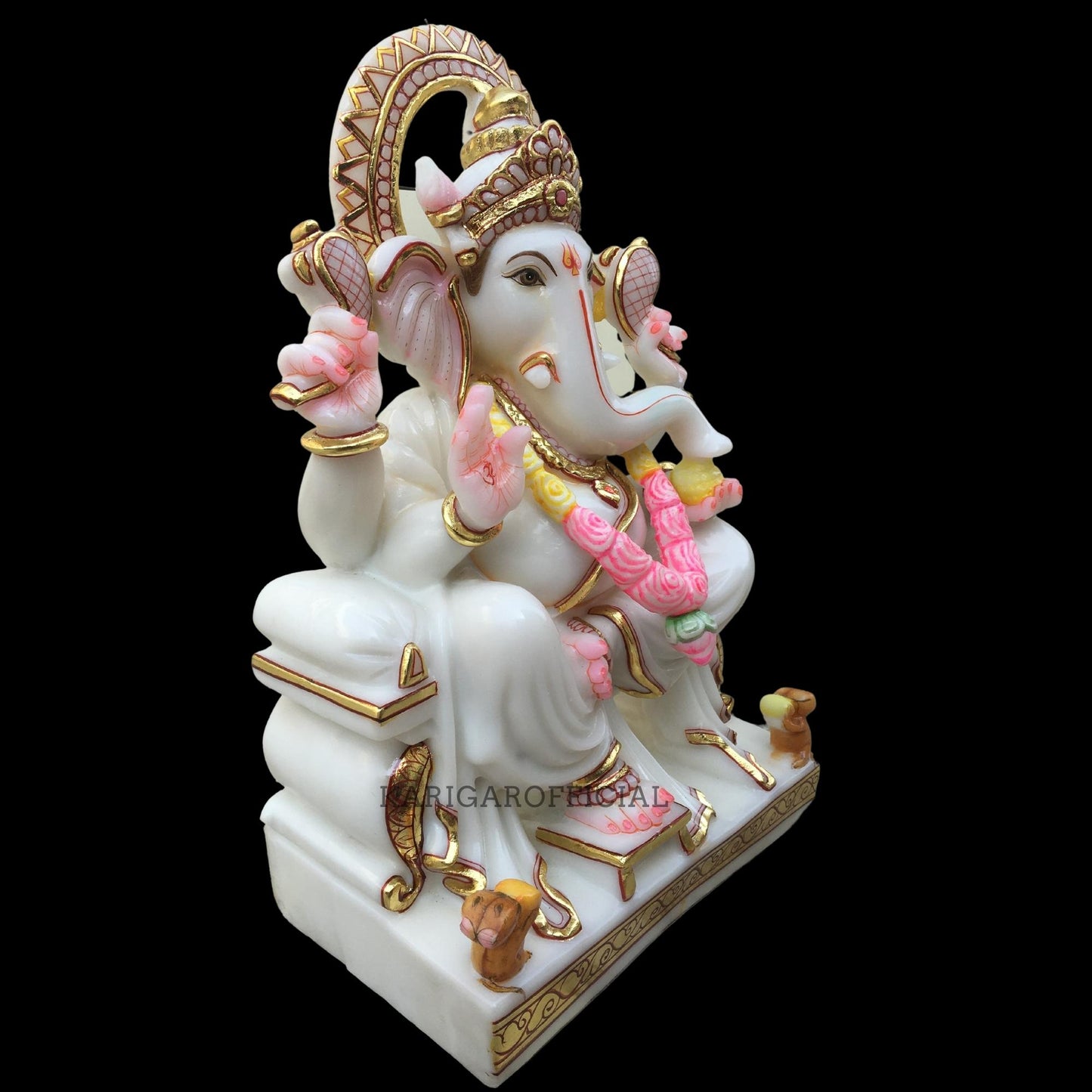 Blanco Rosa Guirnalda Ganesha Estatua Grande 18'' Mármol Hindú Elefante Dios