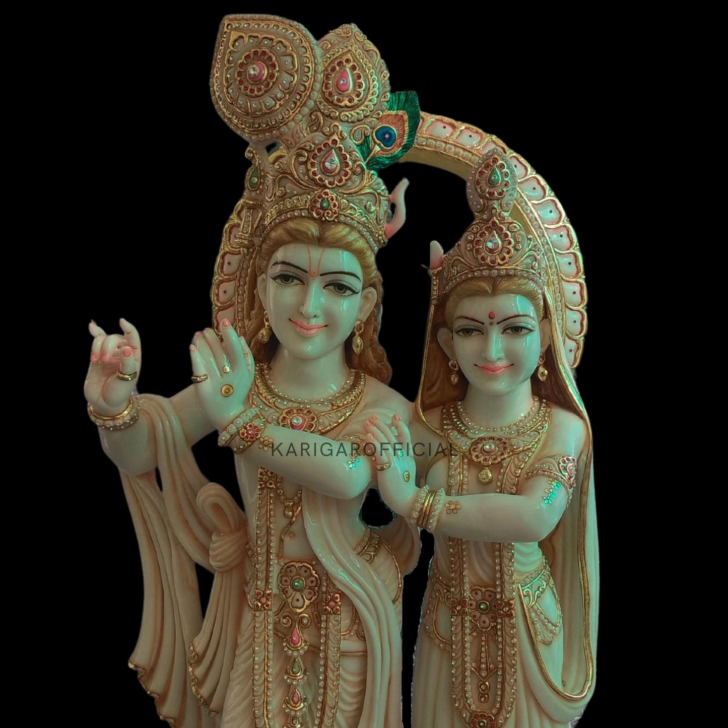 Estatua de Radha Krishna, grande 60 pulgadas especial hoja de oro trabajo Radha Krishna mármol Murti, divina pareja hindú pintada a mano Radha Krishna Idol, hogar templo Pooja inauguración de la casa regalos de aniversario escultura