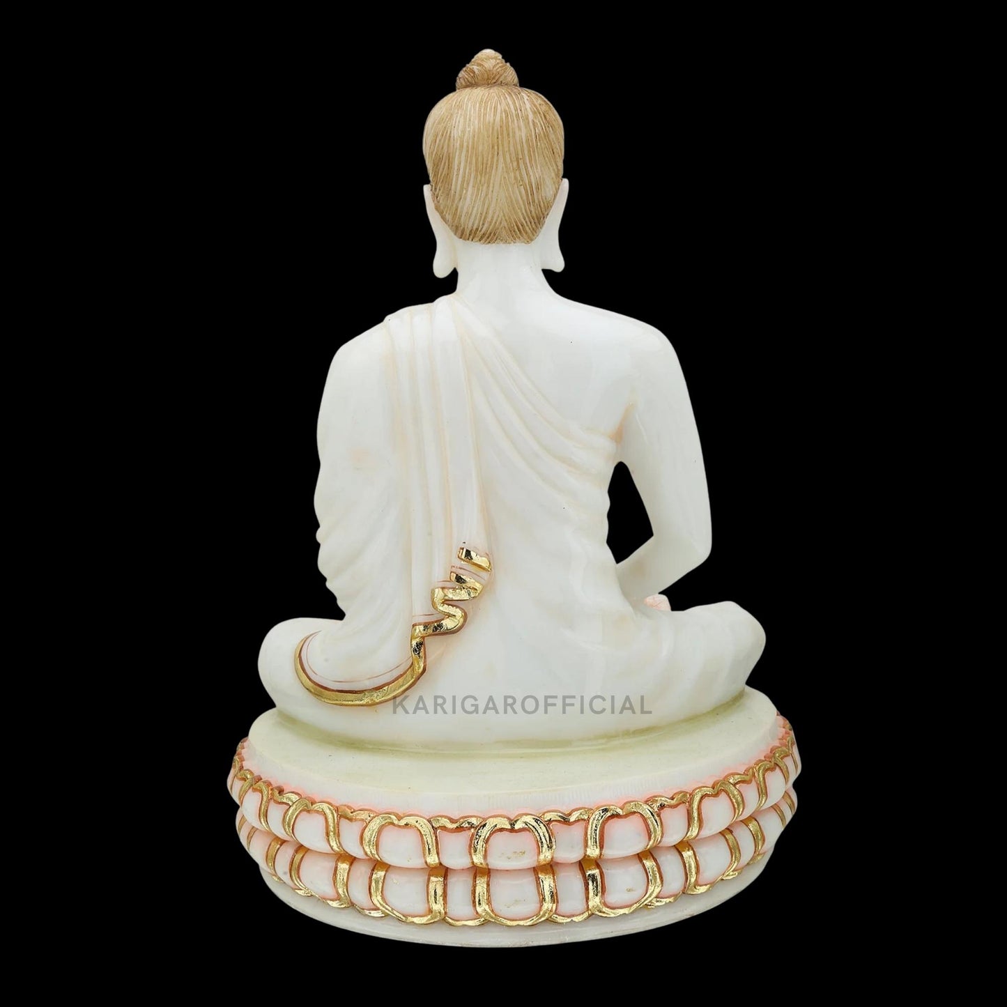 White Gold Marble Buddha Statue Meditating on Round Lotus Flower 12''
