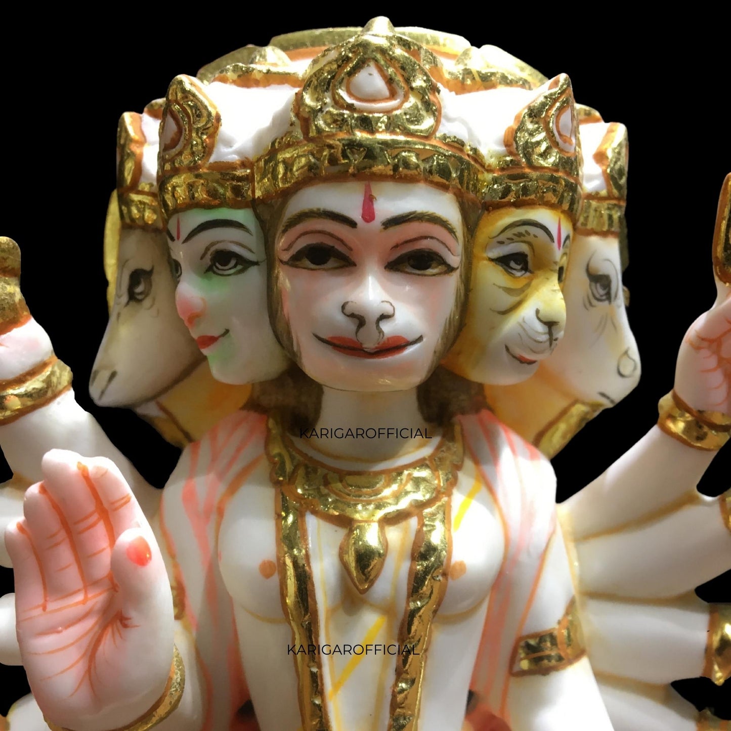 Panchmukhi Hanuman Statue, Multicolor 9 inches Hand Painted Marble Blessing 5 Faces Bajrang Bali Figurine, Powerlifter Hindu Monkey god of Devotion, Strength, Perfect for Small Home Temple Decoration