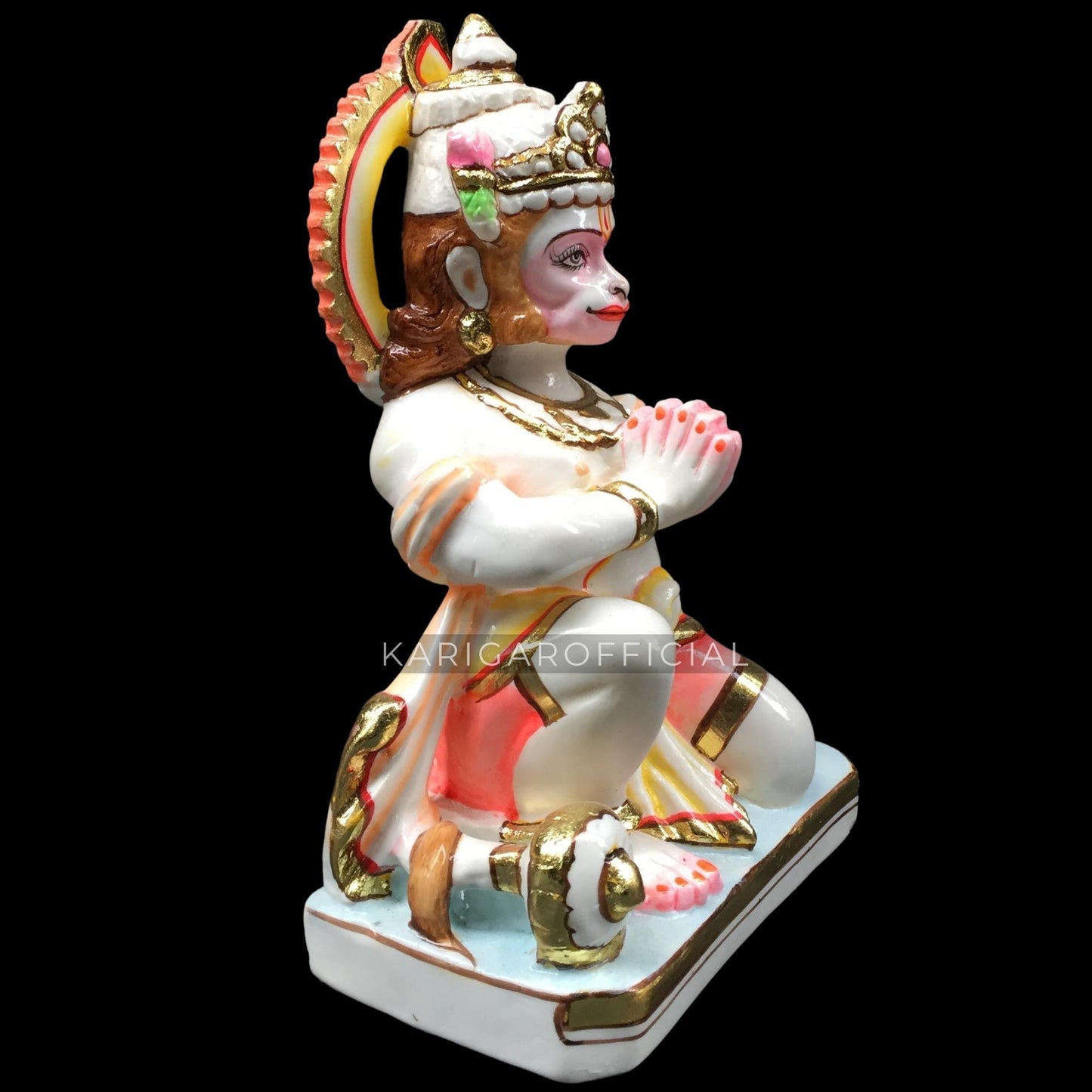KARIGAROFFICIAL Hanuman Statue Marble Murti Beautiful Gold Leaf Bajrang Bali Figurine Large 9 inches Hand Painted Blessing Hanuman Idol Hindu Monkey god of Devotion, Small Home Temple Sculpture Gifts