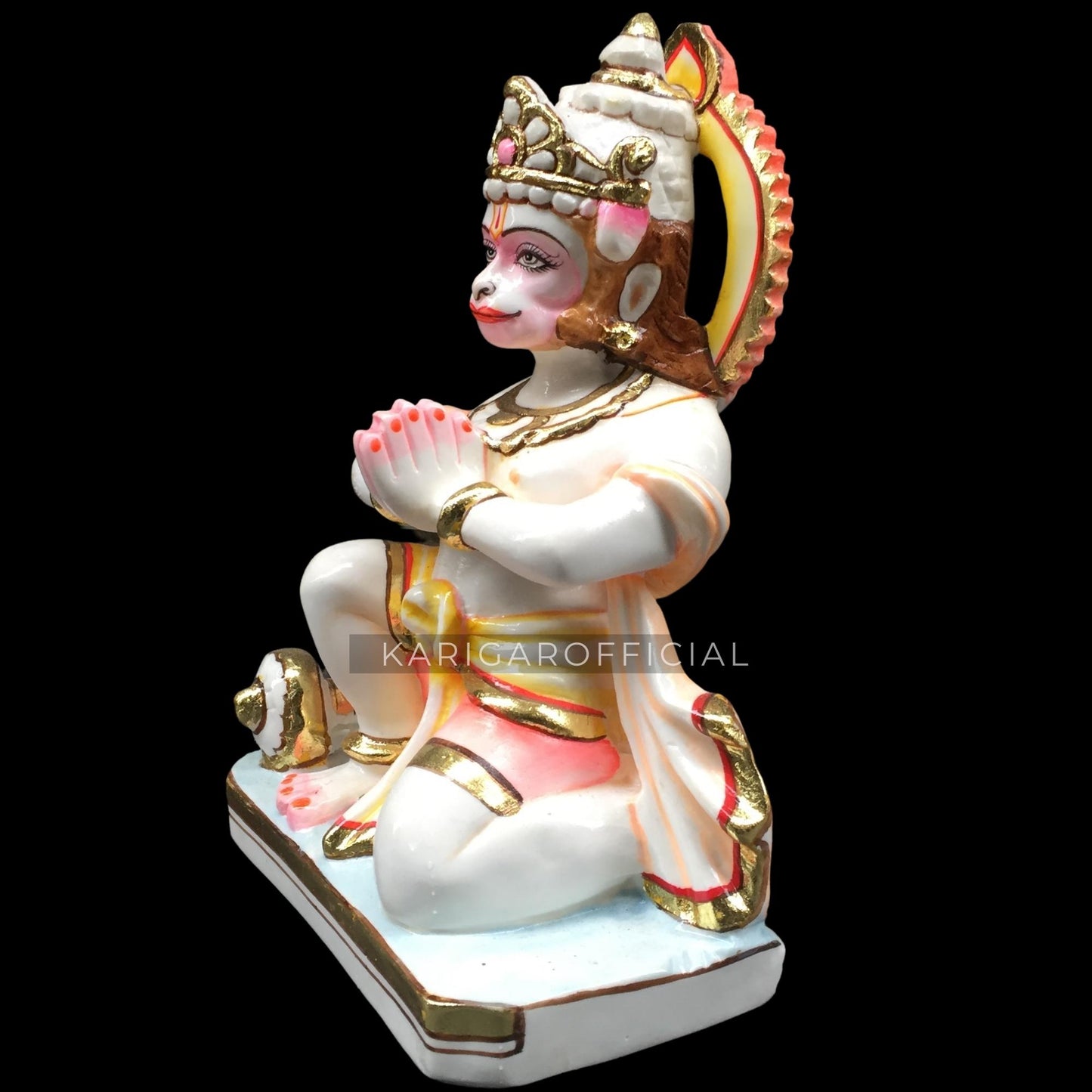 KARIGAROFFICIAL Hanuman Statue Marble Murti Beautiful Gold Leaf Bajrang Bali Figurine Large 9 inches Hand Painted Blessing Hanuman Idol Hindu Monkey god of Devotion, Small Home Temple Sculpture Gifts