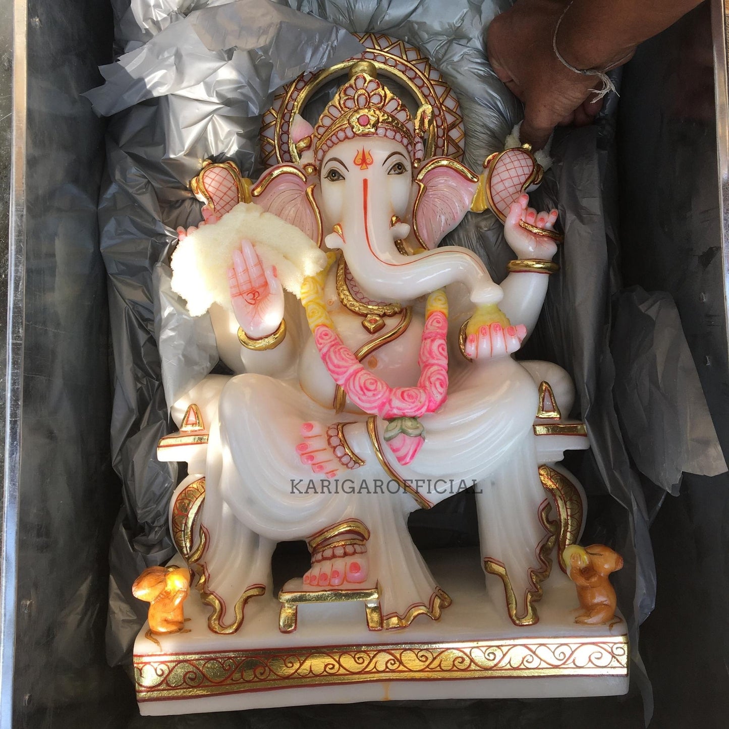 Blanco Rosa Guirnalda Ganesha Estatua Grande 18'' Mármol Hindú Elefante Dios