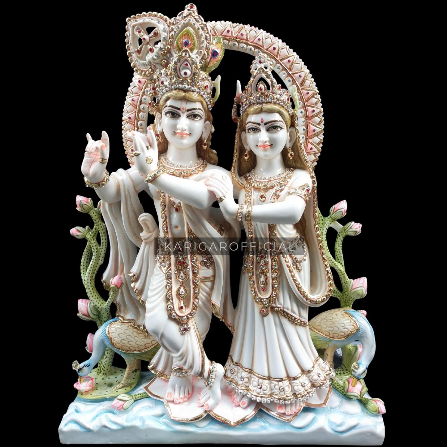 Estatua de Radha Krishna Jugal Jodi Murti grande 30 pulgadas mármol Radha Krishna estatuilla joyería tachonada colorida divina pareja ídolo pintado a mano especial boda inauguración aniversario regalos escultura