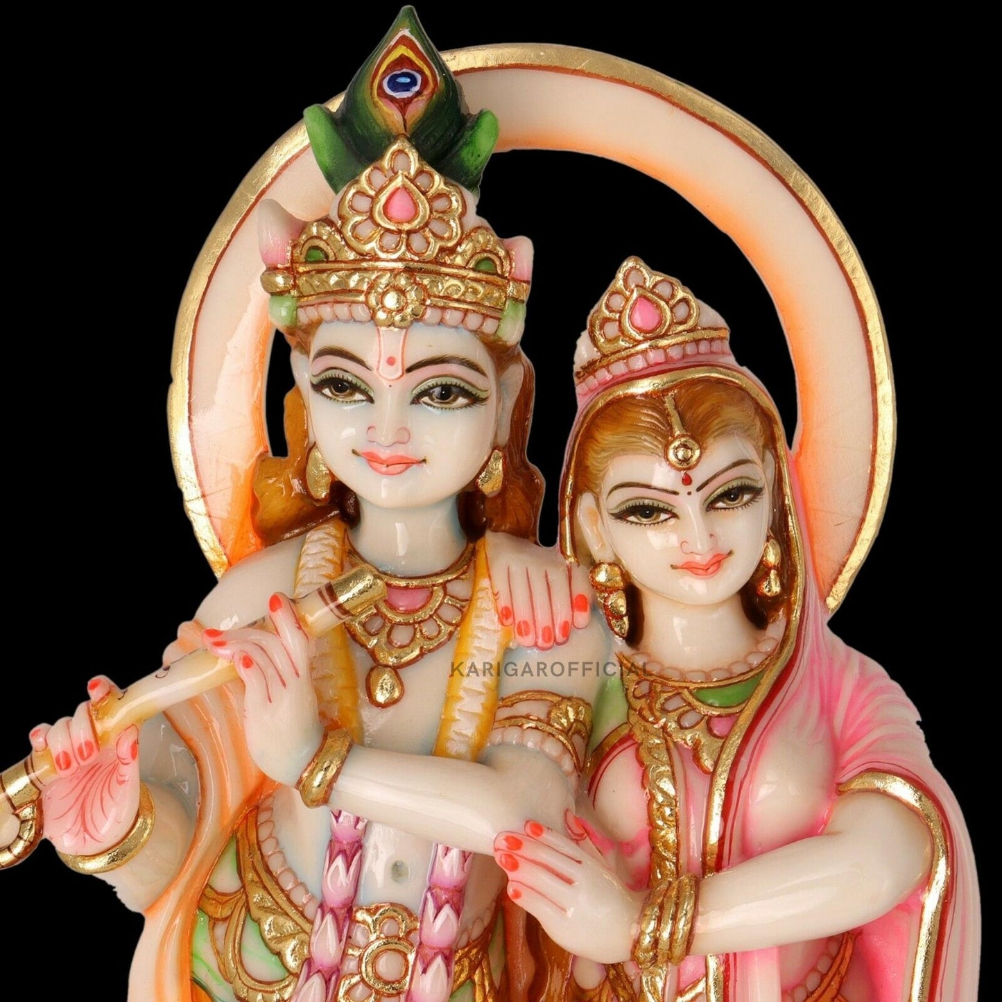 Radha Krishna Statue, Gold Leaf Work Figurine, Large 18 inches Marble Radha Krishna idol, Hindu Divine Couple Handpainted Murti, Home Temple Pooja Decoration, Wedding Housewarming Gifts Sculpture