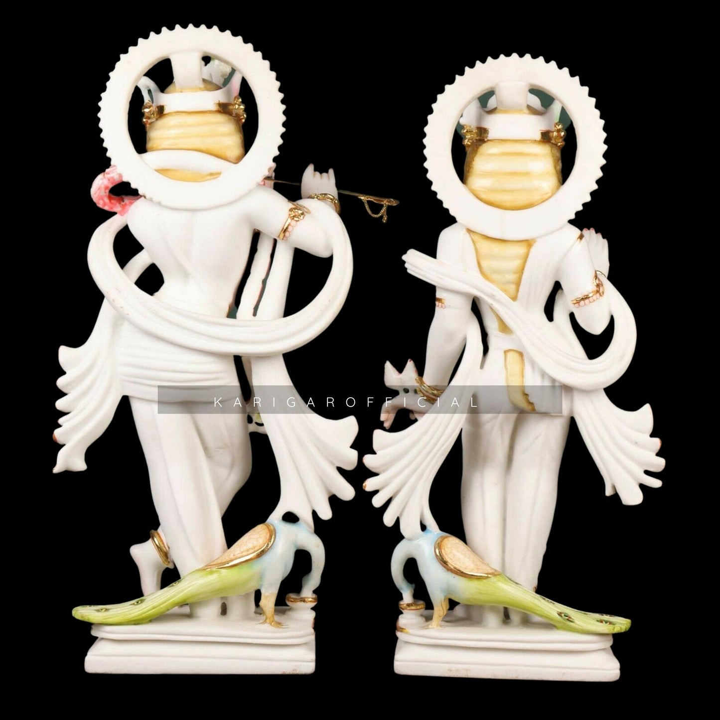 Estatua de Radha Krishna de pie con pavo real, Murti grande de 24 pulgadas en trabajo de hoja de oro real, detalles en rosa dorado blanco ídolo de RadhaKrishna de mármol, pareja divina hindú en el templo del hogar regalo de inauguración de la boda