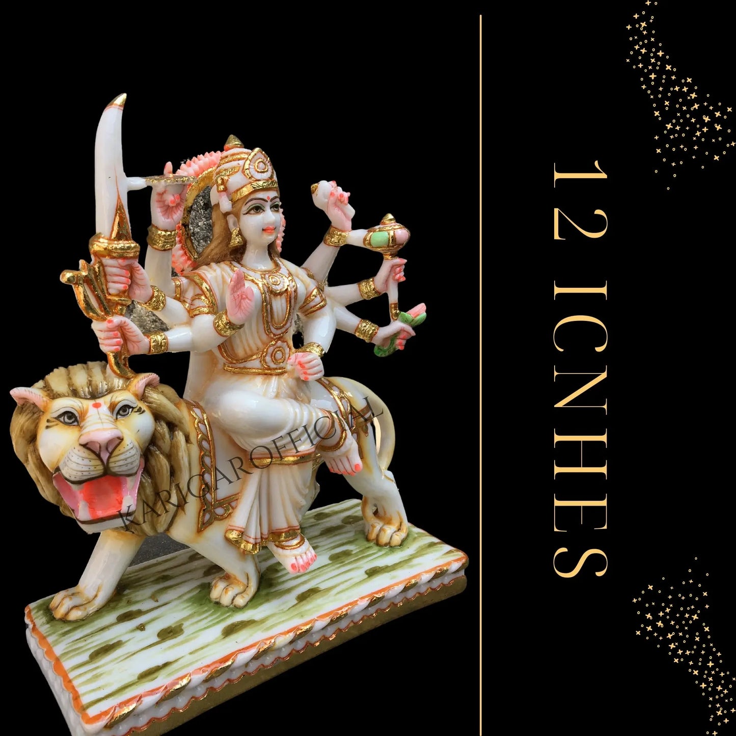 Durga Statue Murti Stone Jewelry Studded Large 12 inches Marble Maa Sherawali Figurine Hindu Goddess Amba Statue for Navratri Puja Adi Shakti Idol Home Temple Positive Energy Housewarming Sculpture KARIGAROFFICIAL