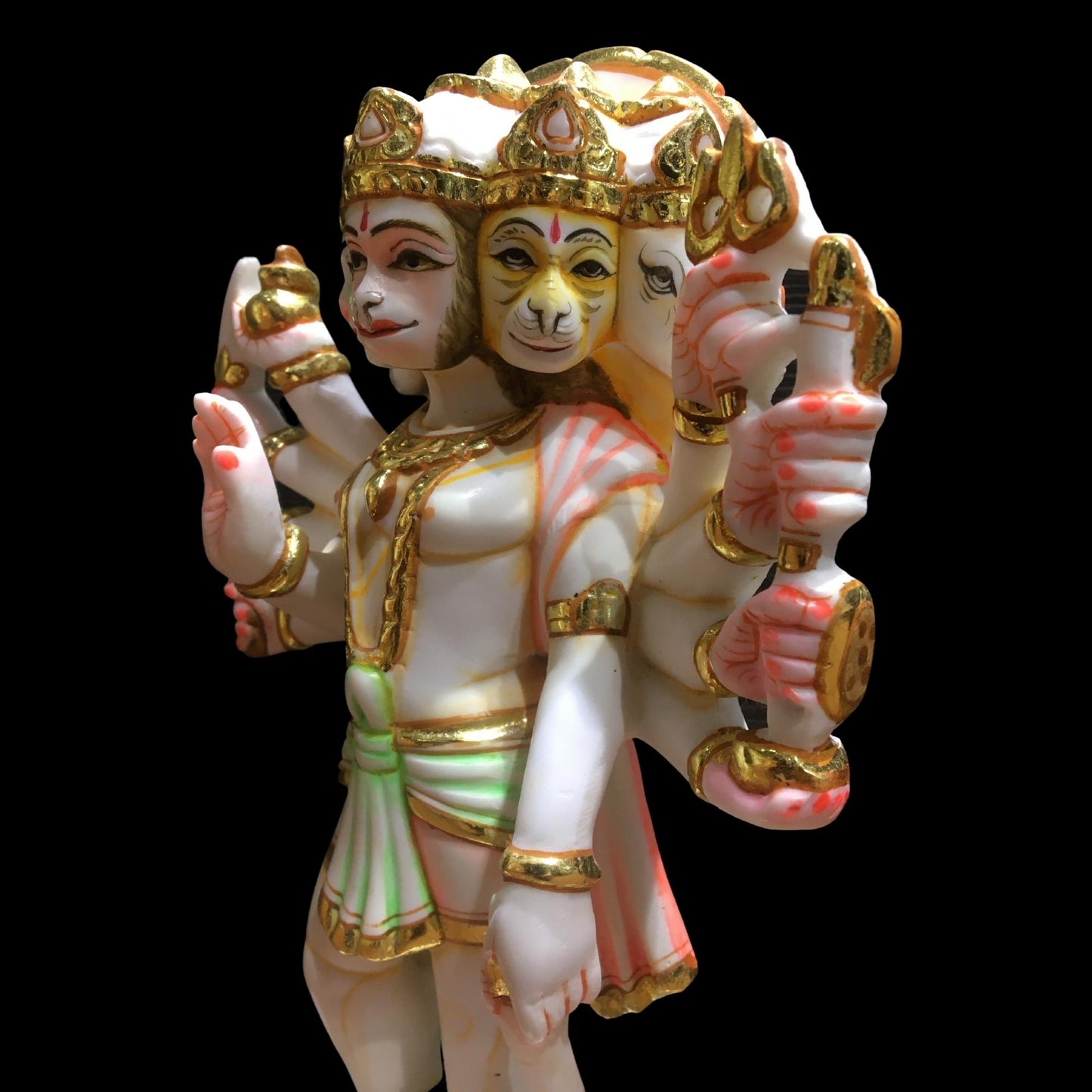 Panchmukhi Hanuman Statue, Multicolor 9 inches Hand Painted Marble Blessing 5 Faces Bajrang Bali Figurine, Powerlifter Hindu Monkey god of Devotion, Strength, Perfect for Small Home Temple Decoration