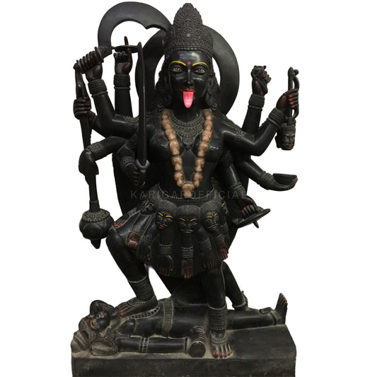 Black Marble Kali Statue with 10 Arms Standing on Corpse of Shiva 51"