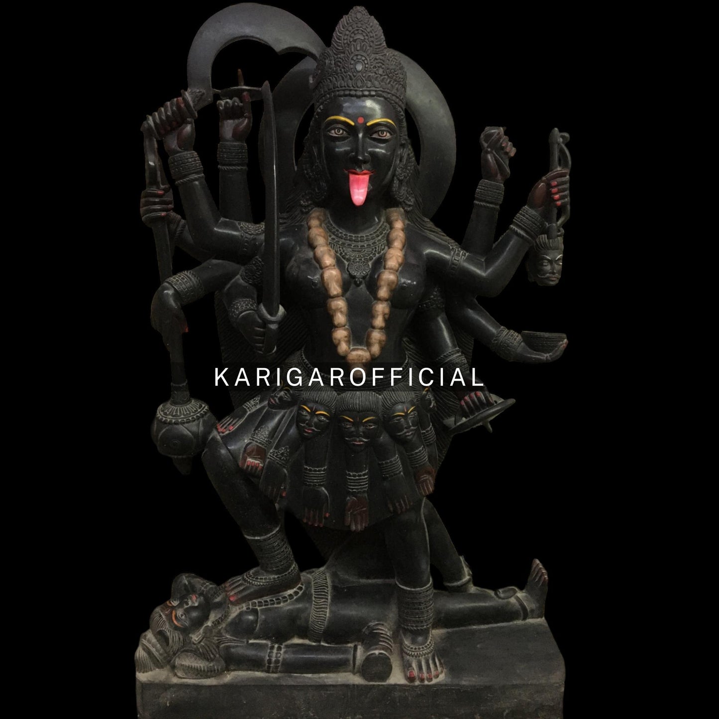 Black Marble Kali Statue with 10 Arms Standing on Corpse of Shiva 51"