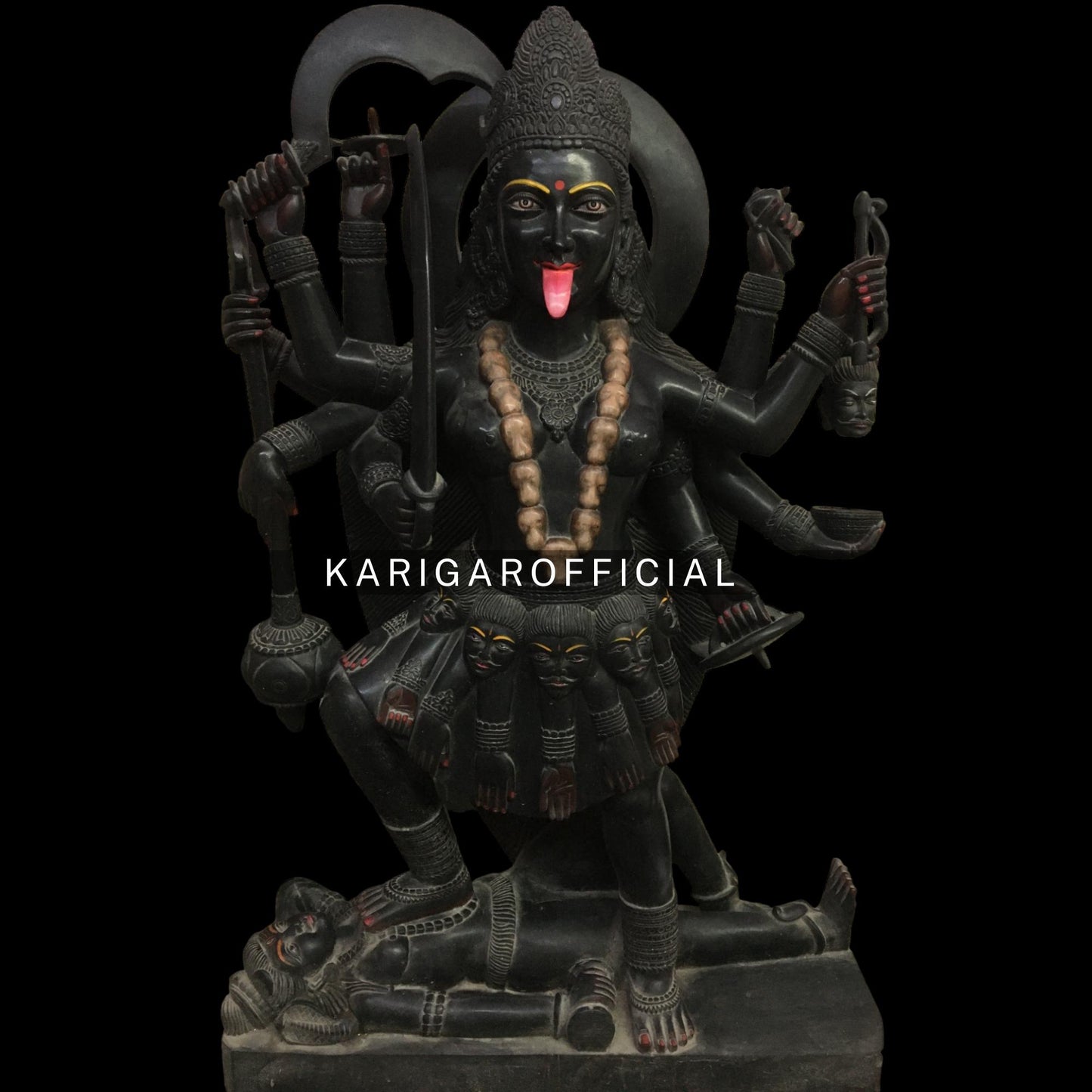 Black Marble Kali Statue with 10 Arms Standing on Corpse of Shiva 51"