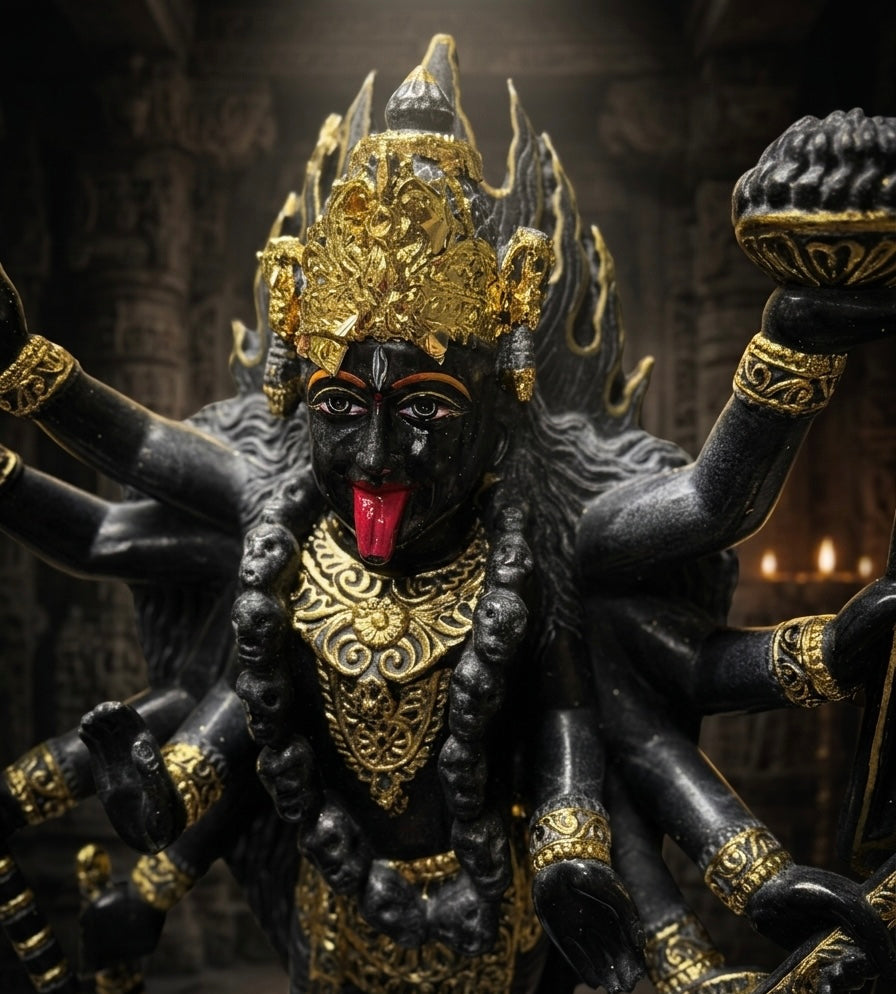 Goddess Kali 10 hands Murti in black marble painted with gold leaf work