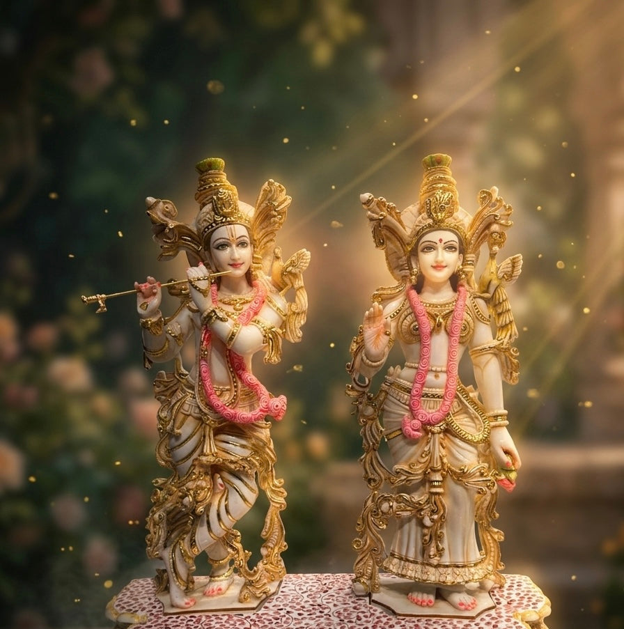 Radha krishna statue divine couple murti standing on a custom stand and decorated with beautiful gold leaf work