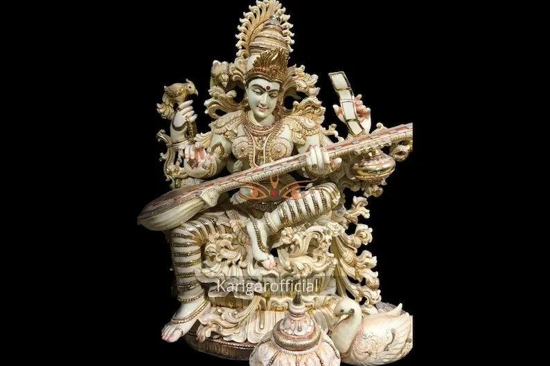 Saraswati marble statue 36 inch gold leaf - front view