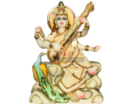 Saraswati marble statue 12 inch pure white finish - front view