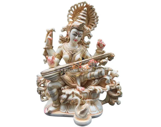 Saraswati marble statue 12 inch gold leaf multicolor - front view