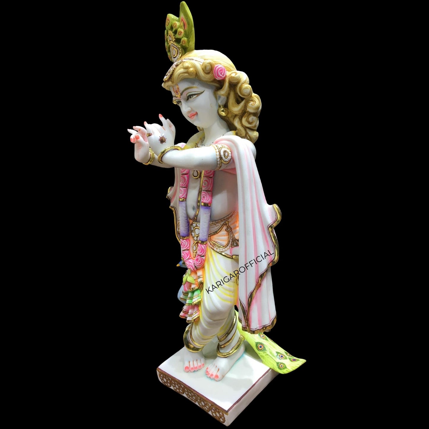 Krishna Statue, Large 24 inches Krishna Idol, Multicolor White Marble Pink Accent Krishna Figurine, Hindu God Handpainted Murlimanohar Murti, Home Temple Pooja Sculpture Housewarming Anniversary Gifts