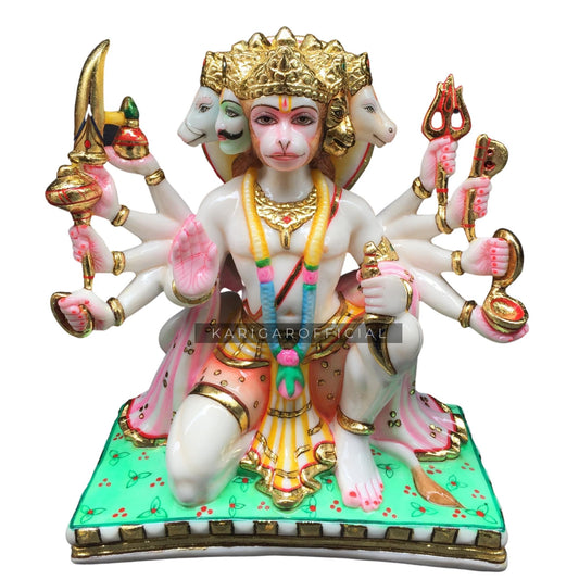 Estatua de Hanuman Murti grande de 12.0 in de hoja de oro Panchmukhi Hanuman figura Bajrangbali ídolo de mármol hindú dios mono 5 caras para orar devoción energía energía Bhakti hogar templo regalos escultura