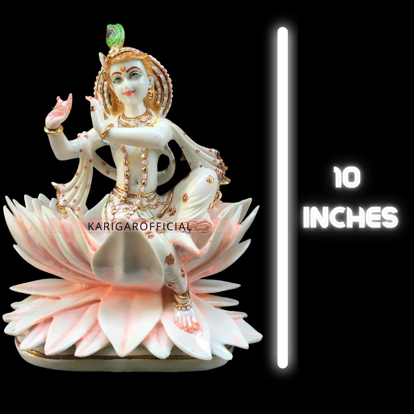 Krishna Statue Murti, Large 10 inches Marble Krishna Sitting on Pink Lotus Flower, Handpainted Krishna Idol for Home temple Pooja, Lotus Krishna Narayana Statue Housewarming Gifts Sculpture