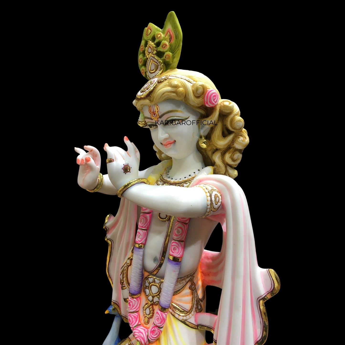 Krishna Statue, Large 24 inches Krishna Idol, Multicolor White Marble Pink Accent Krishna Figurine, Hindu God Handpainted Murlimanohar Murti, Home Temple Pooja Sculpture Housewarming Anniversary Gifts