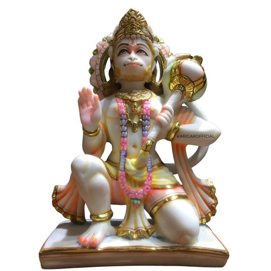 Hanuman Statue, Gold leaf work Large 12 inches Marble Bajrang Bali Murti, Hindu Monkey god Handpainted Multicolor Figurine, Perfect for Small Home Temple Decoration, Housewarming Gifts Sculpture
