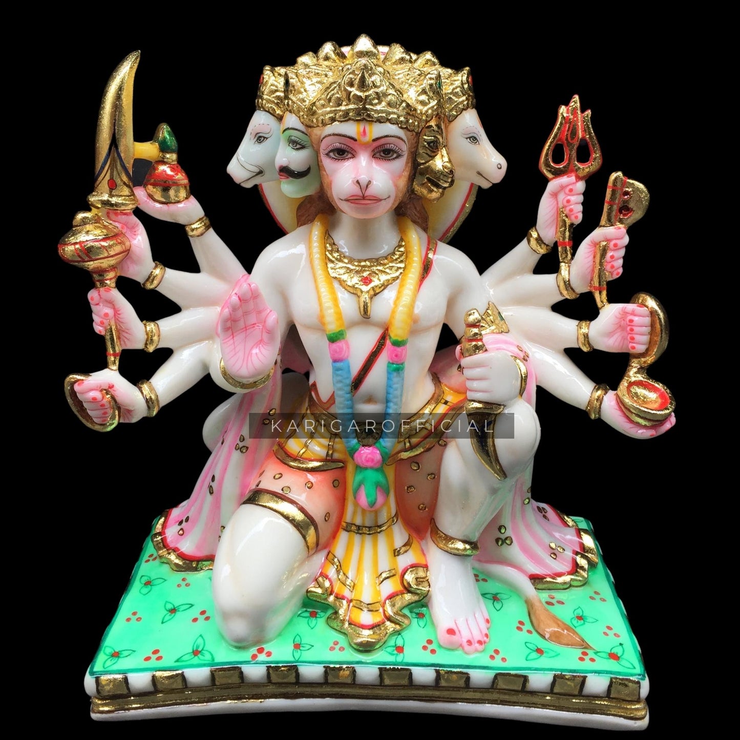 Hanuman Statue Murti Large 12 inches Gold Leaf Panchmukhi Hanuman Figurine Bajrangbali Marble Idol Hindu Monkey god 5 Faces For Praying Devotion Power Energy Bhakti Home Temple Gifts Sculpture