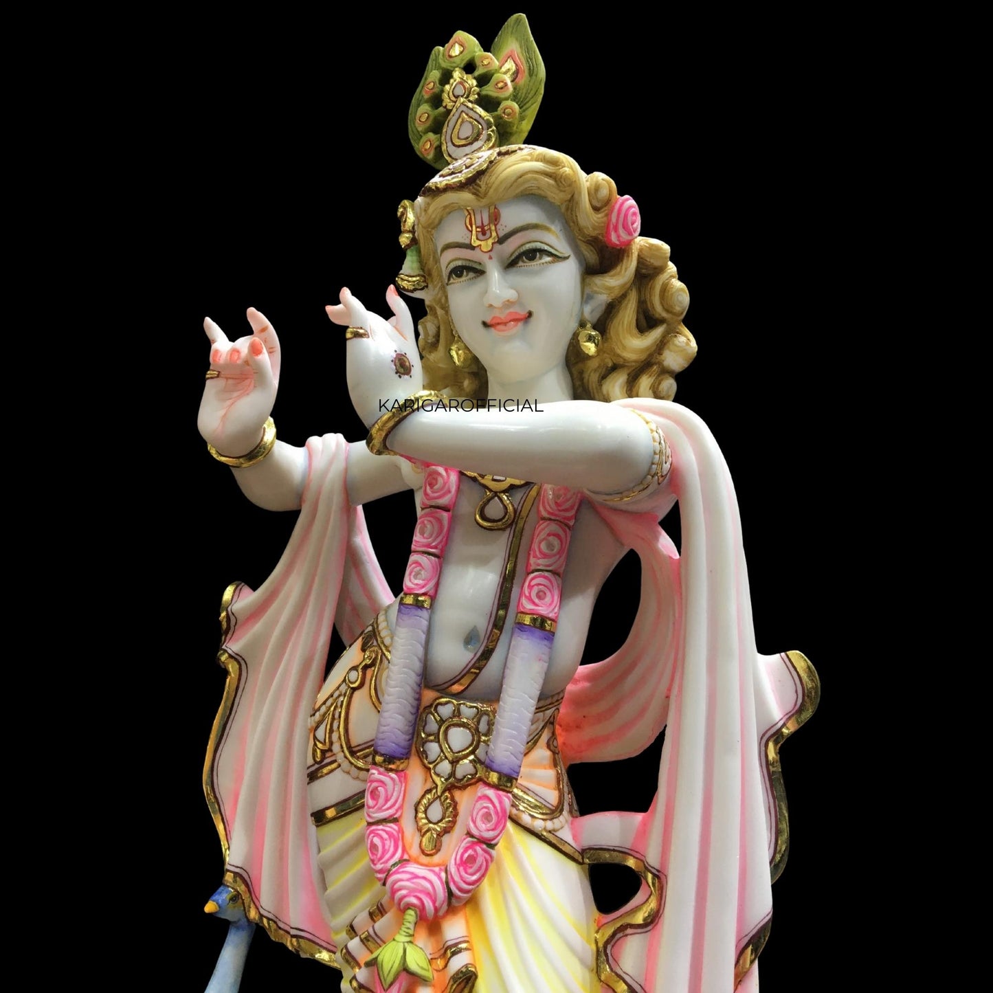 Krishna Statue, Large 24 inches Krishna Idol, Multicolor White Marble Pink Accent Krishna Figurine, Hindu God Handpainted Murlimanohar Murti, Home Temple Pooja Sculpture Housewarming Anniversary Gifts