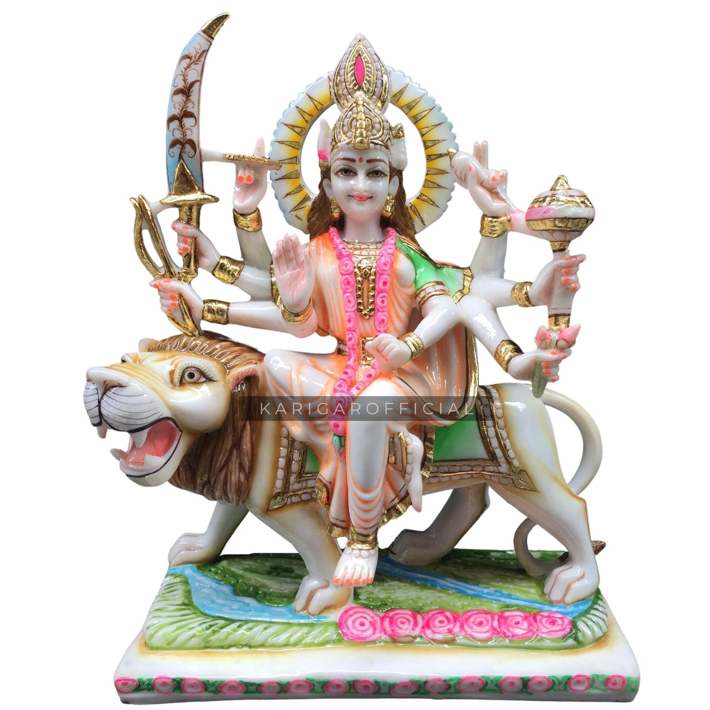 Estatua de Durga Murti Grande 18 pulgadas Figura de mármol Durga Shaila Putri Kali Escultura Amba Sentado en una estatua de león para Navratri Puja Maa Sherawali Adi Shakti Potente templo hindú en el hogar Regalo de inauguración de la casa