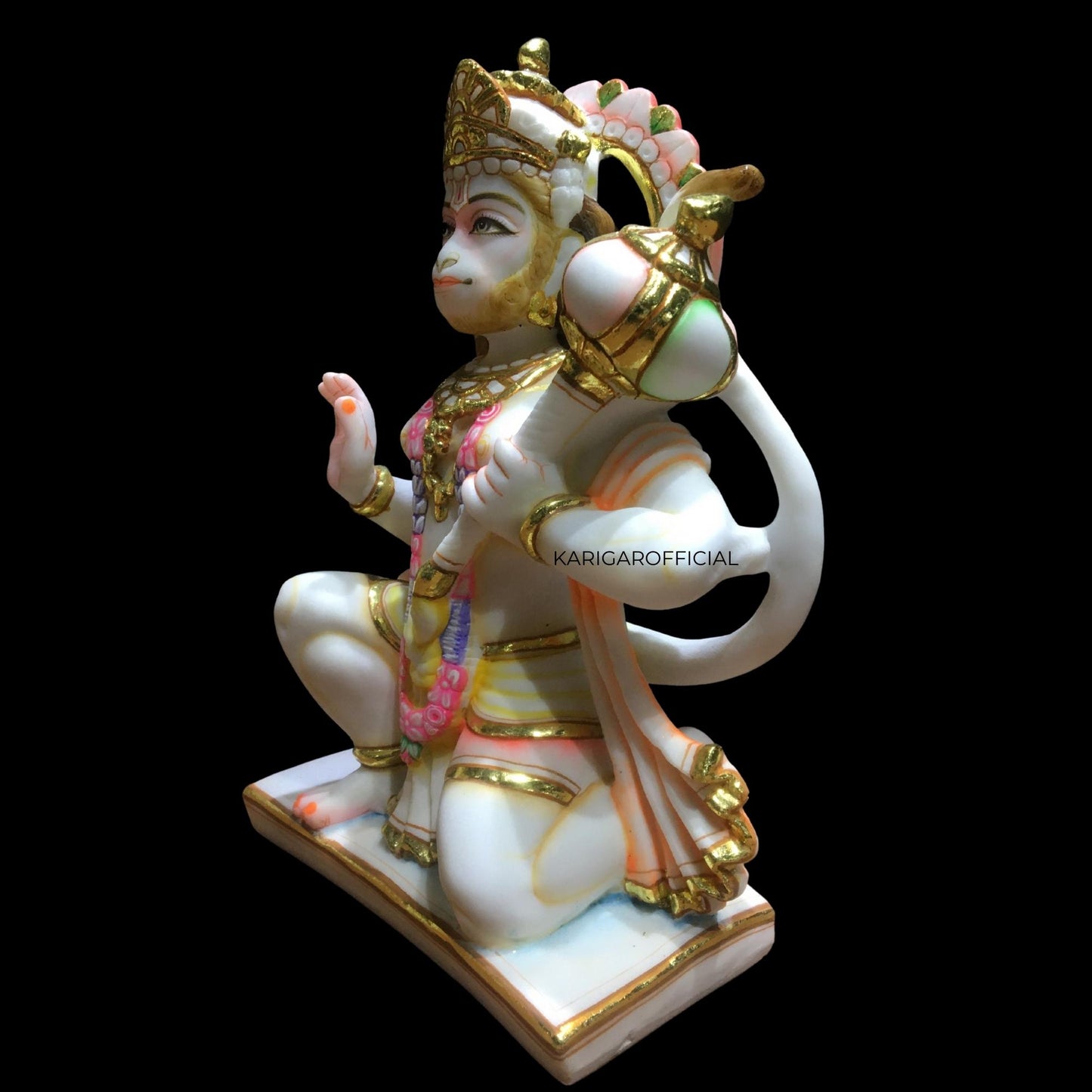 Hanuman Statue, Gold leaf work Large 12 inches Marble Bajrang Bali Murti, Hindu Monkey god Handpainted Multicolor Figurine, Perfect for Small Home Temple Decoration, Housewarming Gifts Sculpture