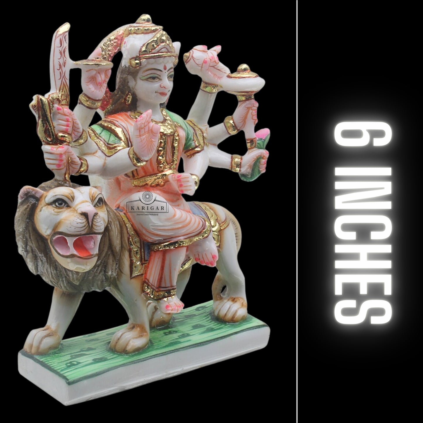 Durga Statue 6 inches Small Marble Murti Shaila Putri Kali Sculpture Durga with Lion Figurines Hindu Goddess of Strength Amba Statue for Navratri Puja Maa Sherawali Adi Shakti Indian Temple Decor