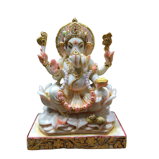 Estatua de Ganesha Murti sentada en una flor de loto - Figura grande de Ganpati con tachuelas de joyería de piedra de 12 pulgadas - Ídolo de Ganapati de mármol - Deidad Vinayak - Figura grande de dios elefante Escultura de regalos de inauguración